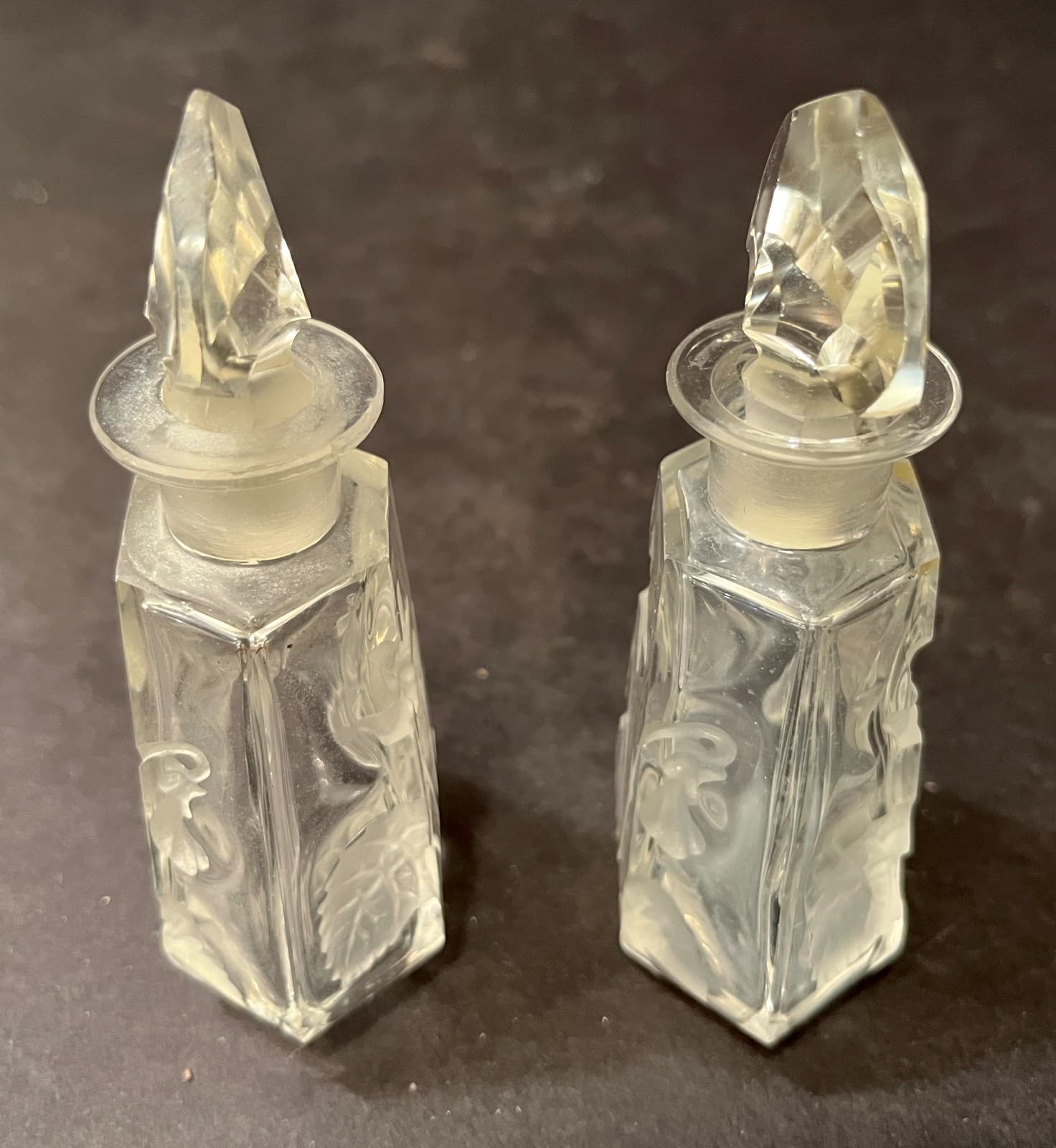 Antique Czechoslovakia Crystal Floral Etched Scent Perfume Cologne Bottle - Pair 4