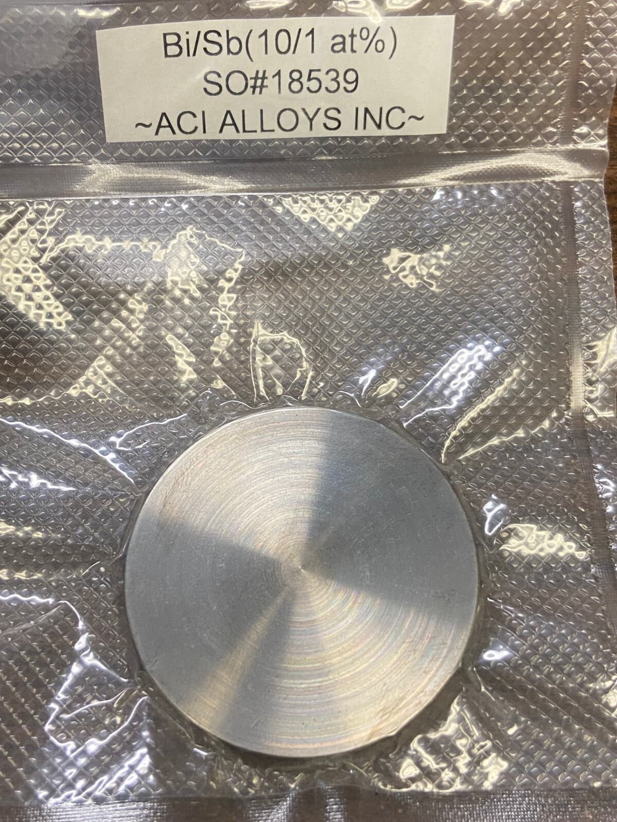 Bi/Sb sputter target, 10:1 atomic, 99.99% pure, 2" diameter x 0.25" thick 2