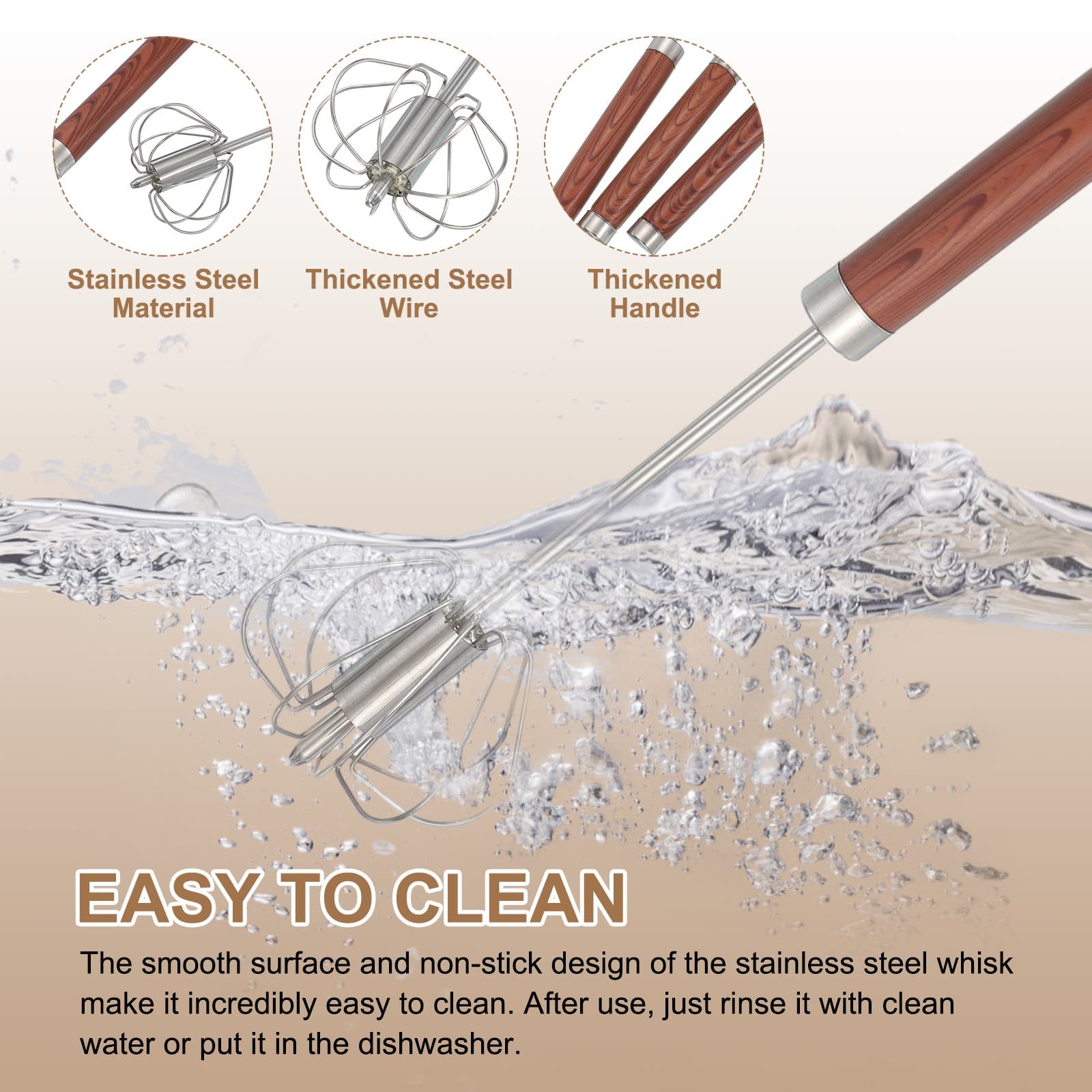 Stainless Steel Whisk, 13.6 Inch Semi-Automatic Whisking Tool, Dark Brown 3