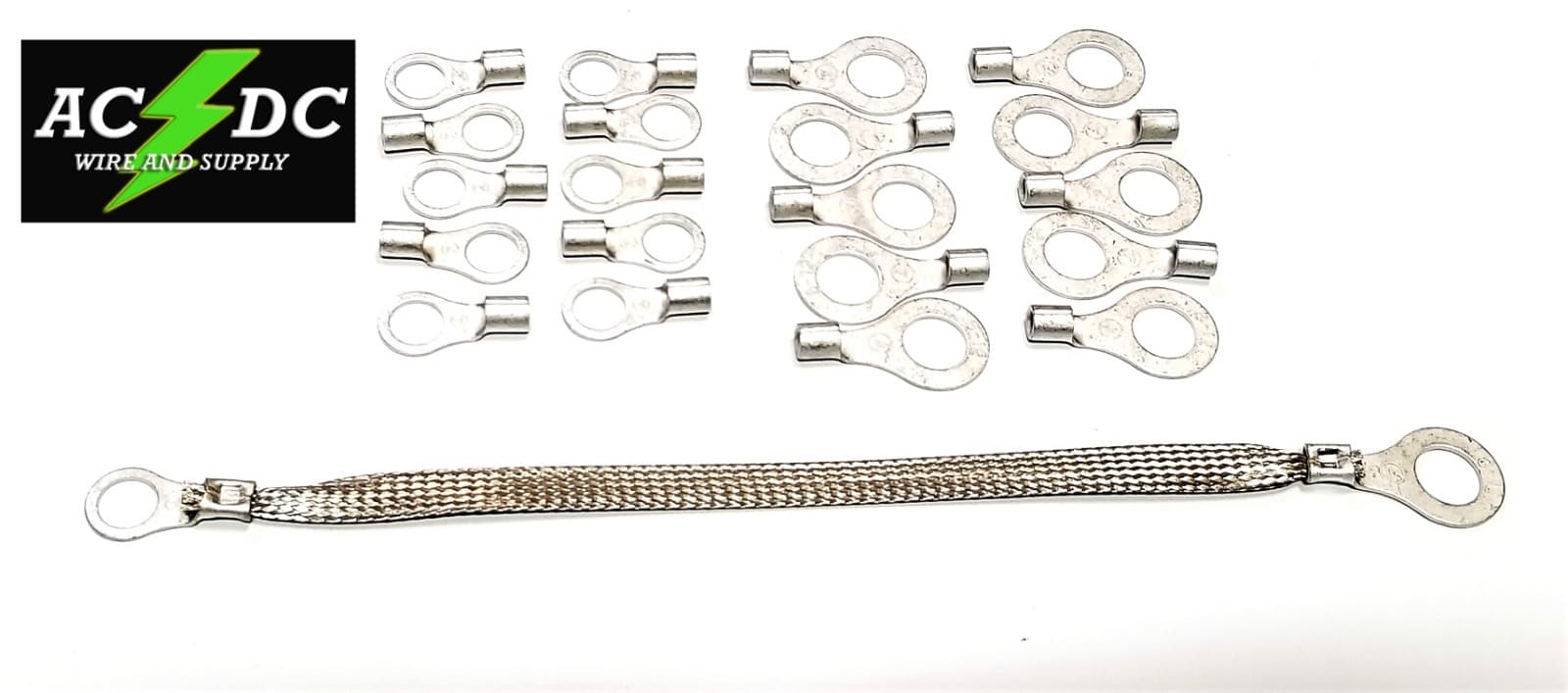 10' TINNED Copper Ground Strap Cable KIT + DIY Terminal Kit 3/8" FLAT Braid Wire 3