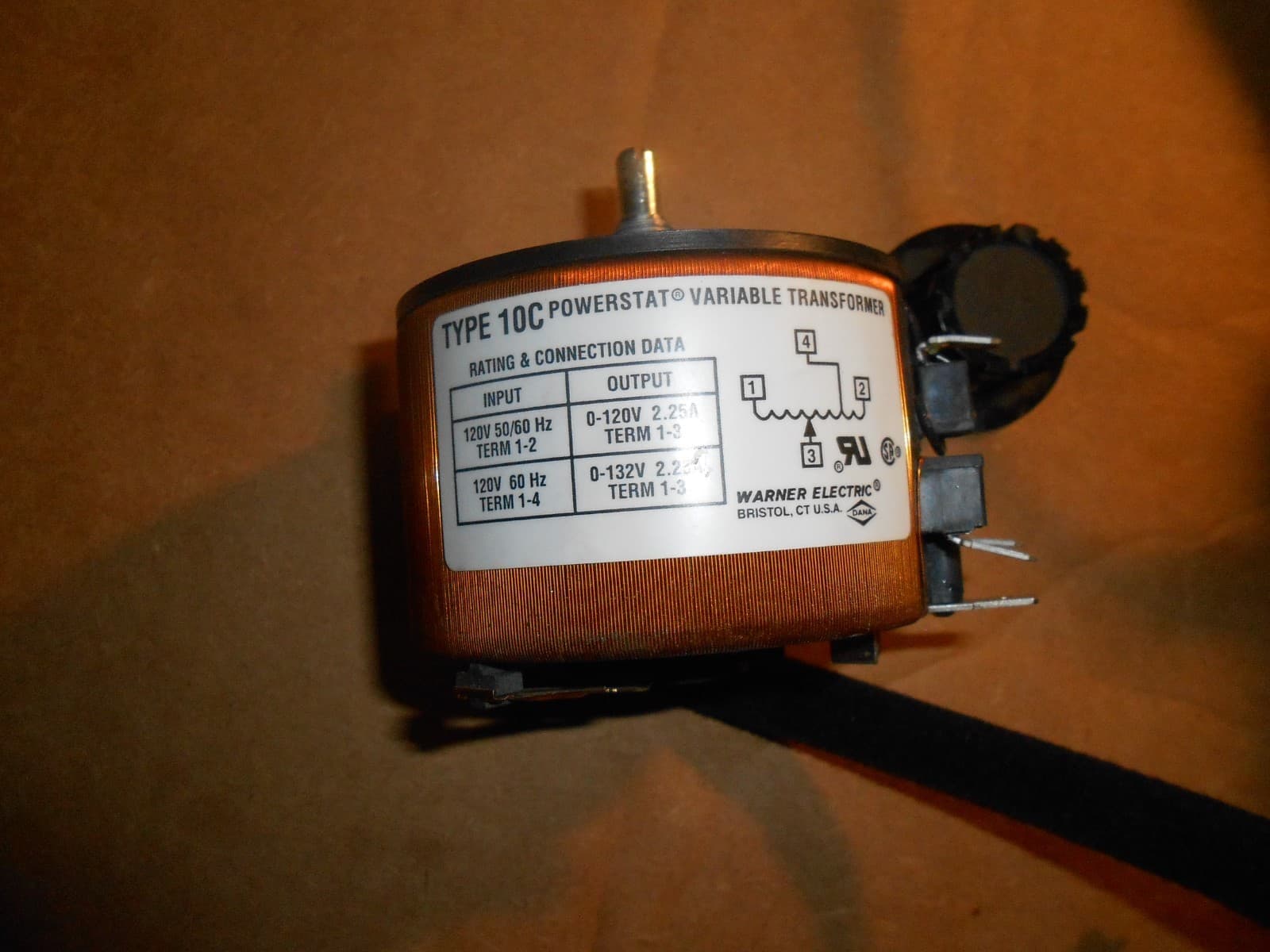 TYPE 10C POWERSTAT VARIABLE TRANSFORMER IN 120V 60CY  OUT 0-132 2.25A WARNER