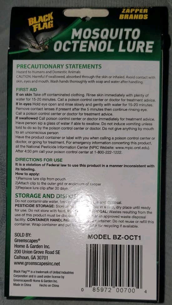 BLACK FLAG MOSQUITO OCTENOL LURE - BZ-OCT1 - FITZ MOST ZAPPER BRANDS  2