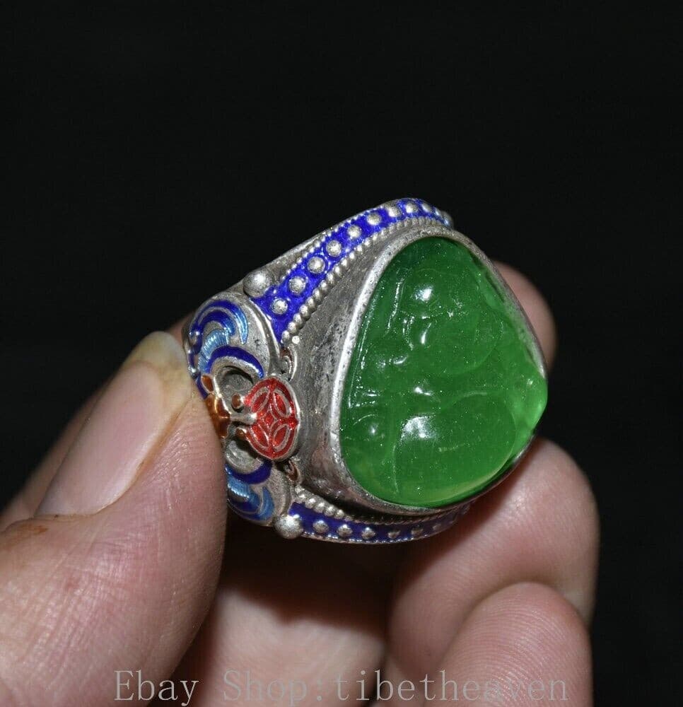 1.4" Old Chinese Silver inlay Green Gems Cloisonné Maitreya Buddha Finger Ring 3