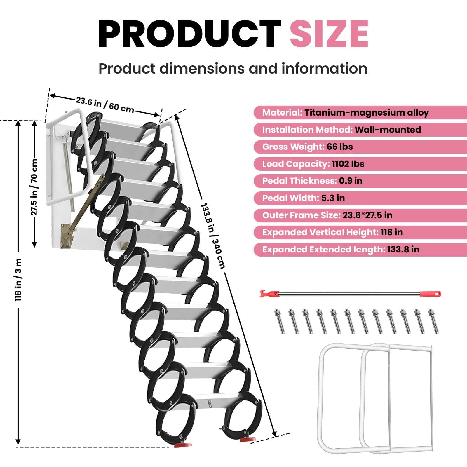 Wall Mounted Attic Ladder 12 Steps Attic Stairs Attic Stairs Pull Down Black  2