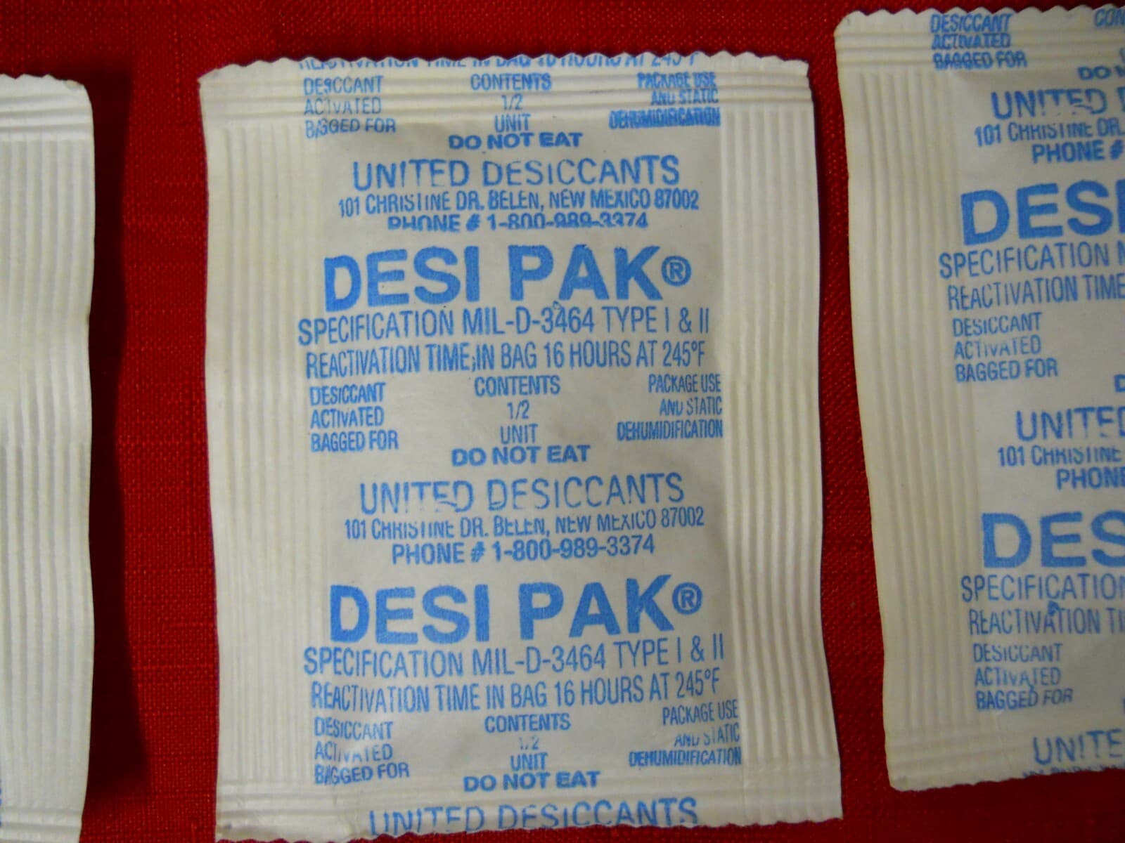 X50 DESI PAK Desiccants Packets MIL-D-3464 Type 1 & 2  1/2 Unit Each Electronics 2