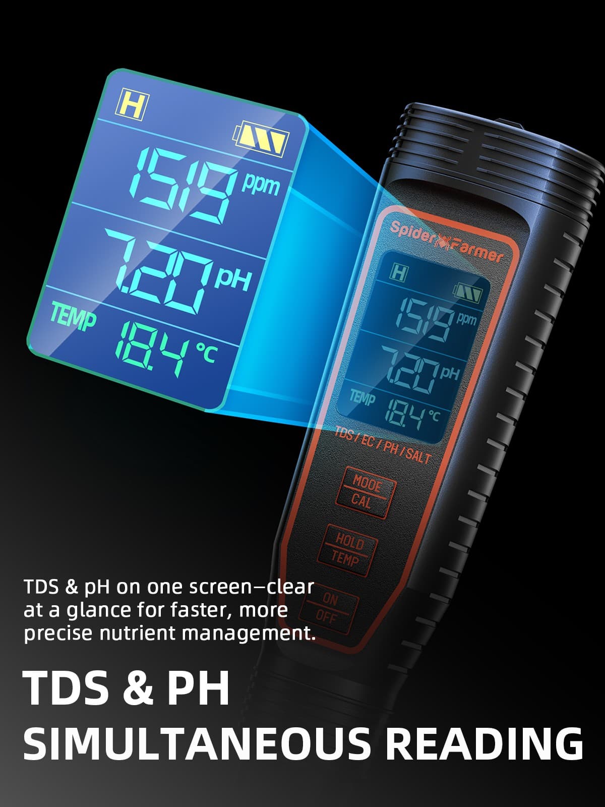 Spider Farmer 5-in-1 TDS/PH Hydroponic Meter Kit with a high-sensitivity sensor 5