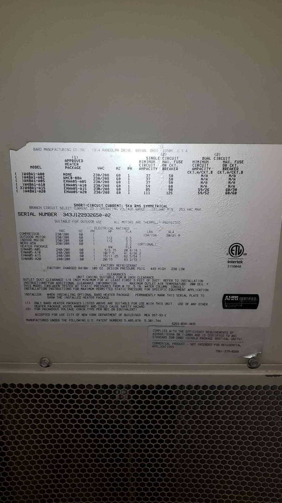 AS-IS BARD Wall Mount Heating/Cooling Package W48A1-A15 AS-IS Untested 5