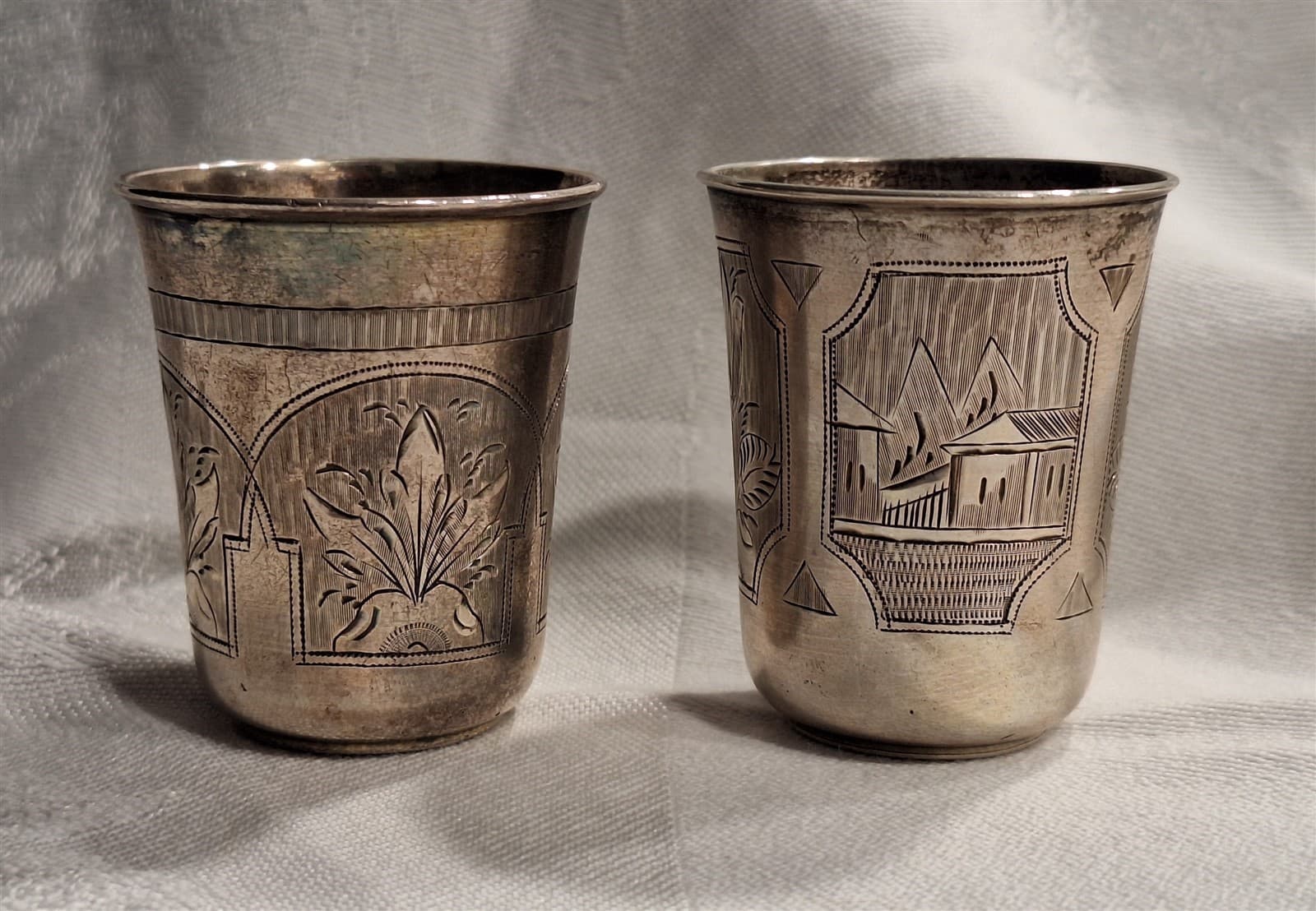 Imperial Russian Marked 84 Silver Engraved Kiddush or Vodka Shot Cups (2) 