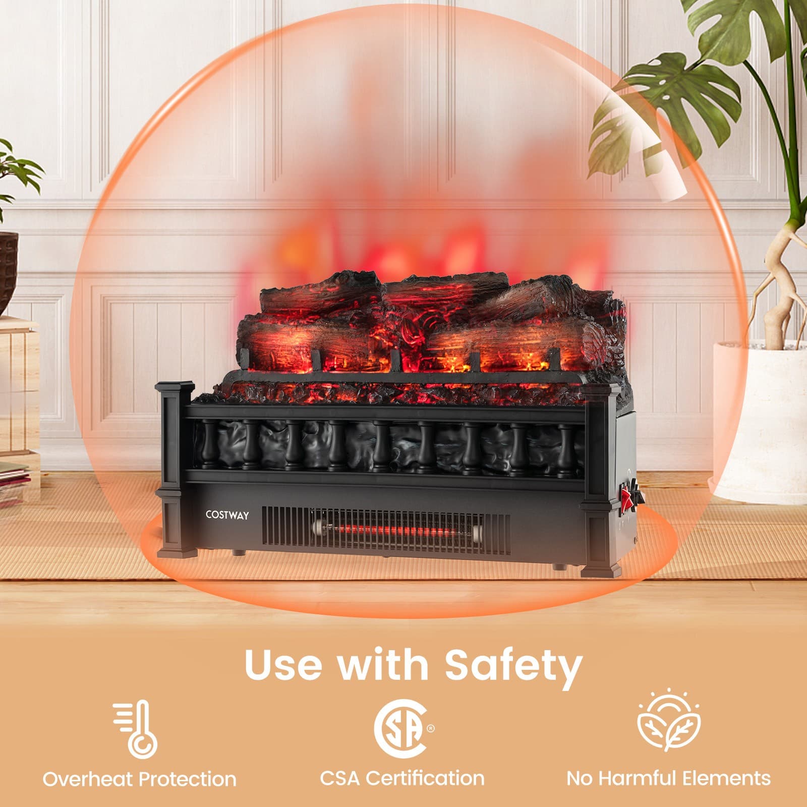 20" Electric Fireplace Heater Logs Insert Infrared Quartz Adjustable Temperature 6