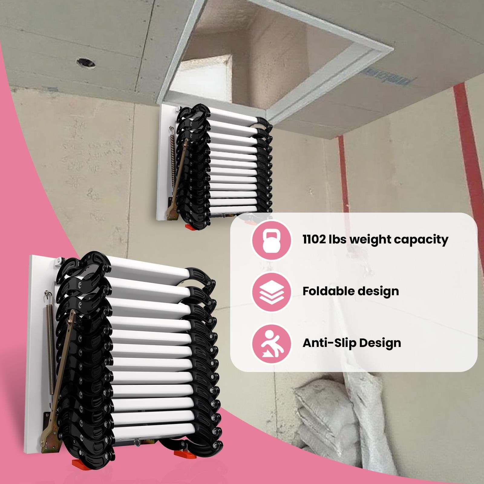 Wall Mounted Attic Ladder 12 Steps Attic Stairs Attic Stairs Pull Down Black  6