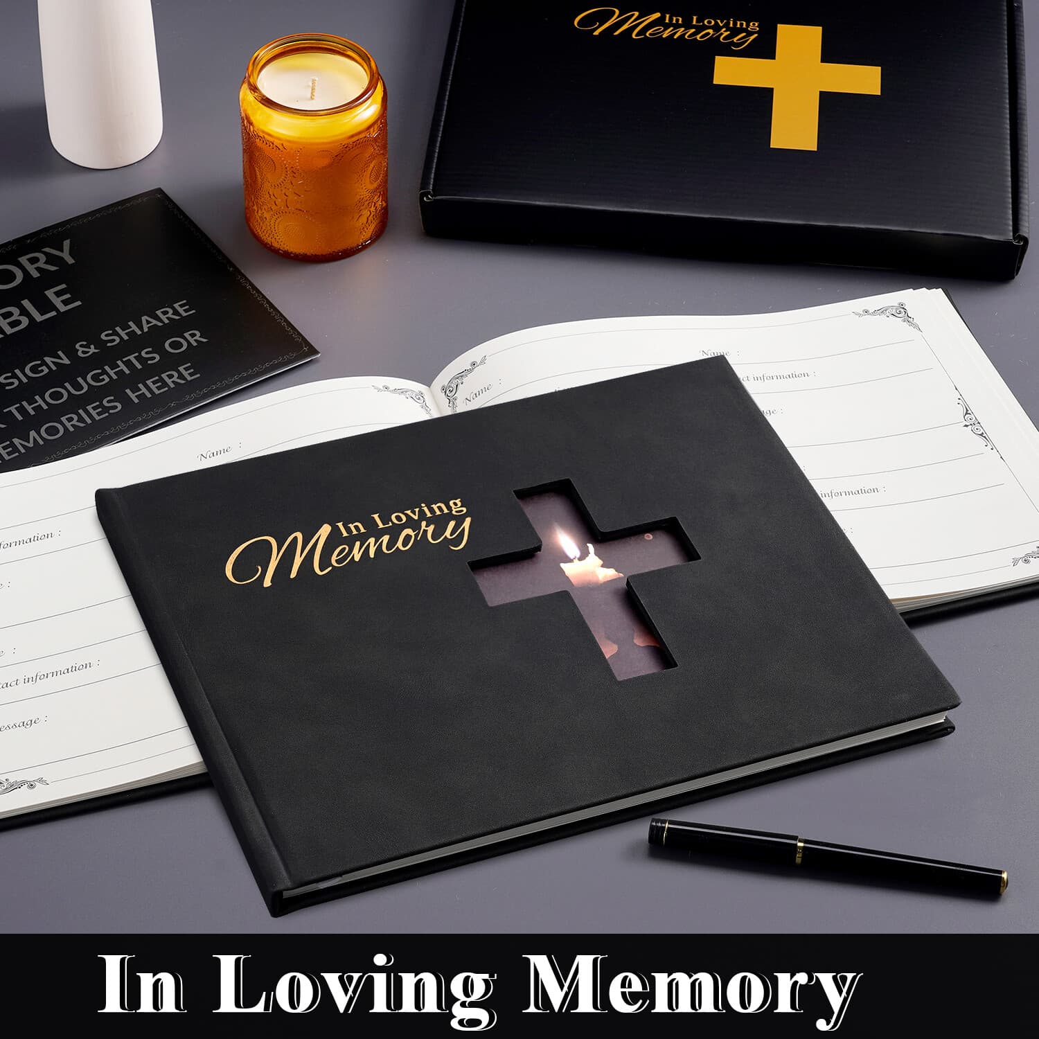 Leather Funeral Guest Book for Memorial with Pen, commemorative of Life Book USA 3