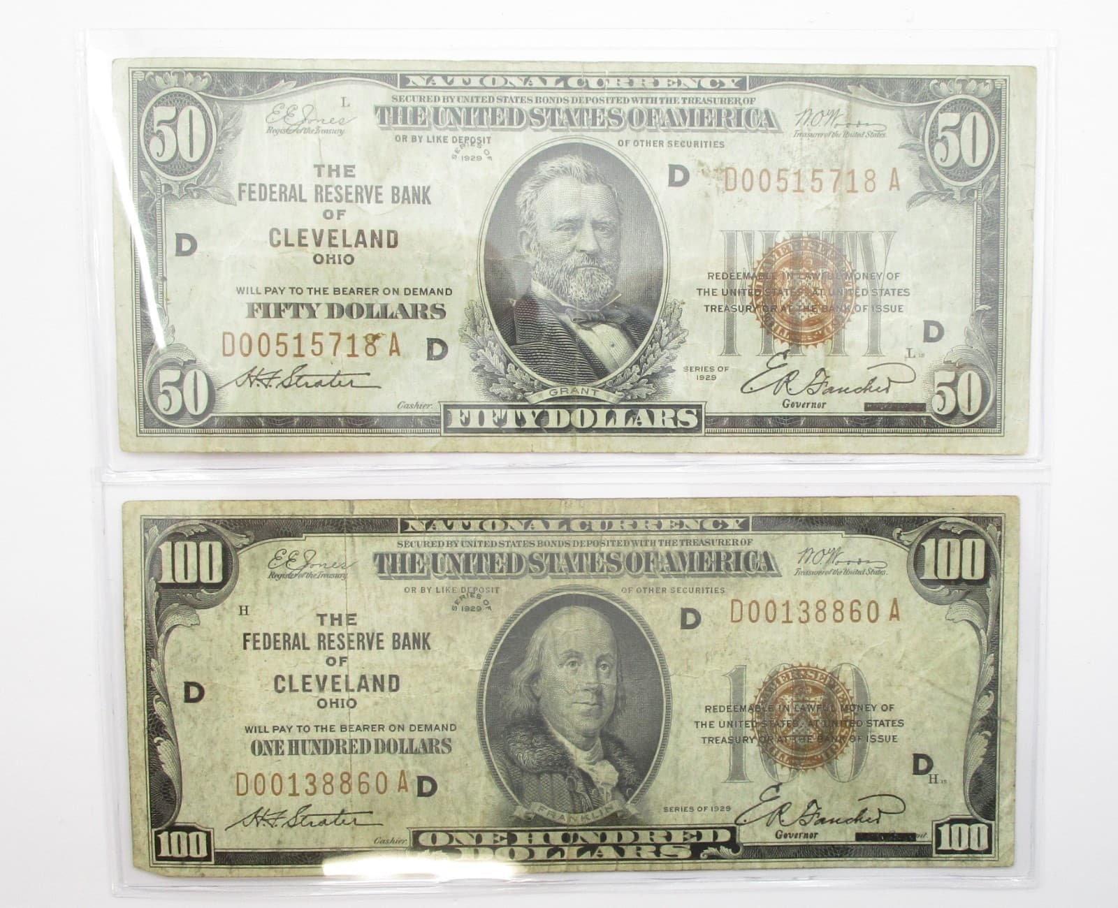 Lot of 2 1929 U.S. National Currency Notes Cleveland Ohio $50.00 & $100.00 2