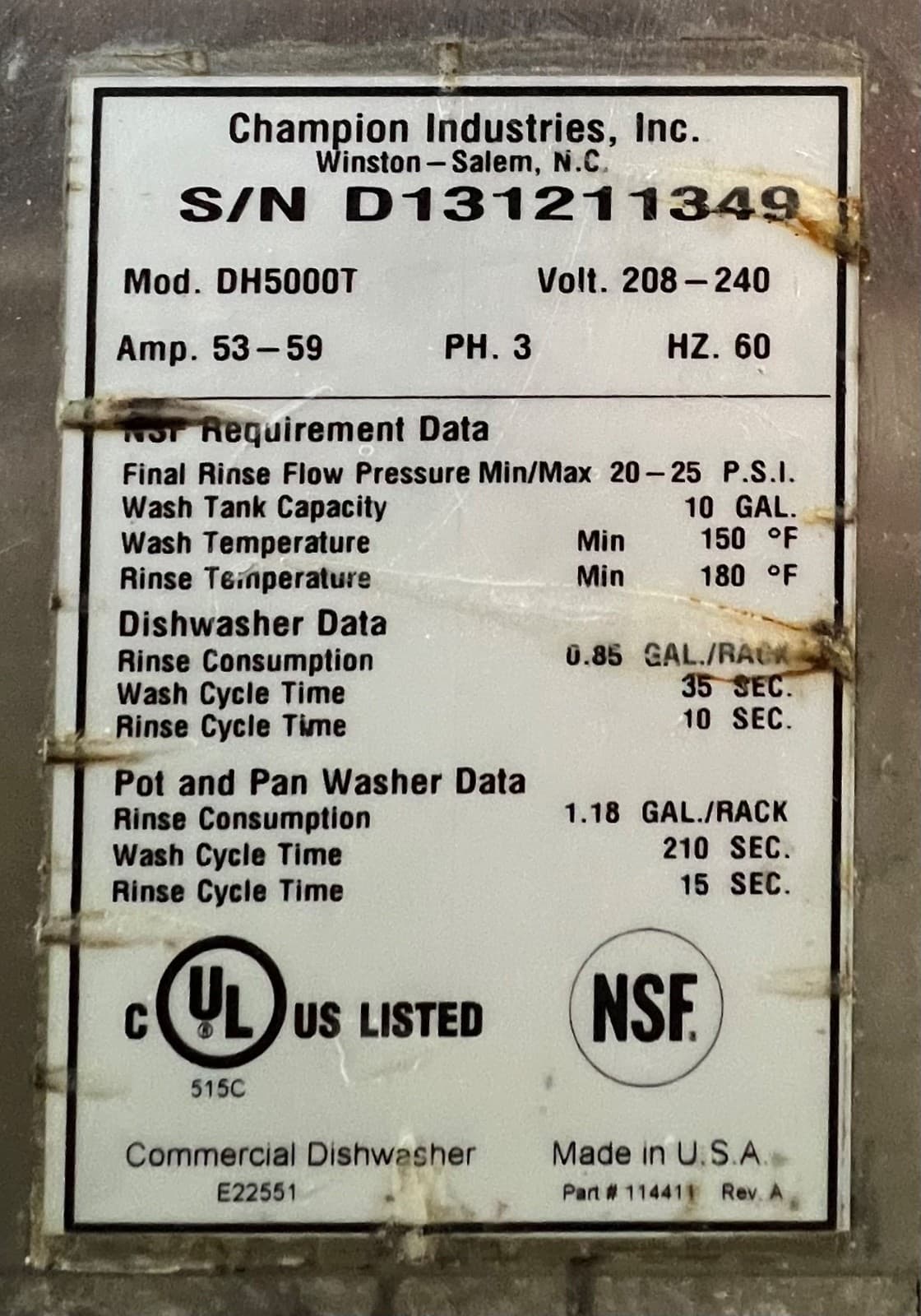 CHAMPION MODEL DH500T COMMERCIAL  HIGH TEMP VENTLESS DISHWASHER - 280/240V,3PH 3