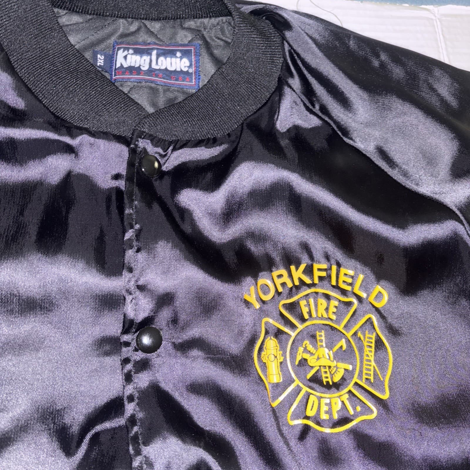 VTG Fire Dept Jacket Satin Bomber Yorkville Chicago Size XL Engine King Louie 6