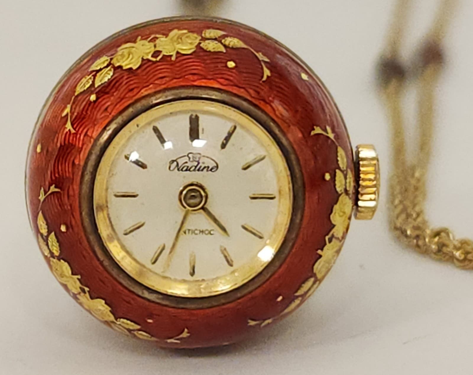 Vintage 60's Gold Plate Sterling Silver Red Enamel Nadine Watch Pendant Necklace 2