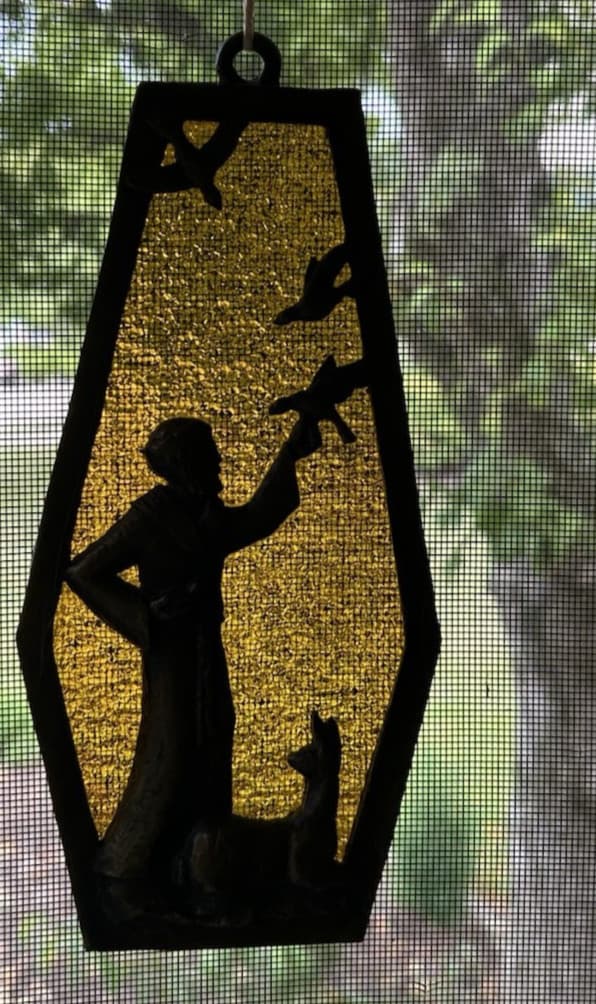 Vtg Wall Window Decor Sun Catcher Religious St Francis Birds Deer Brass Glass 5