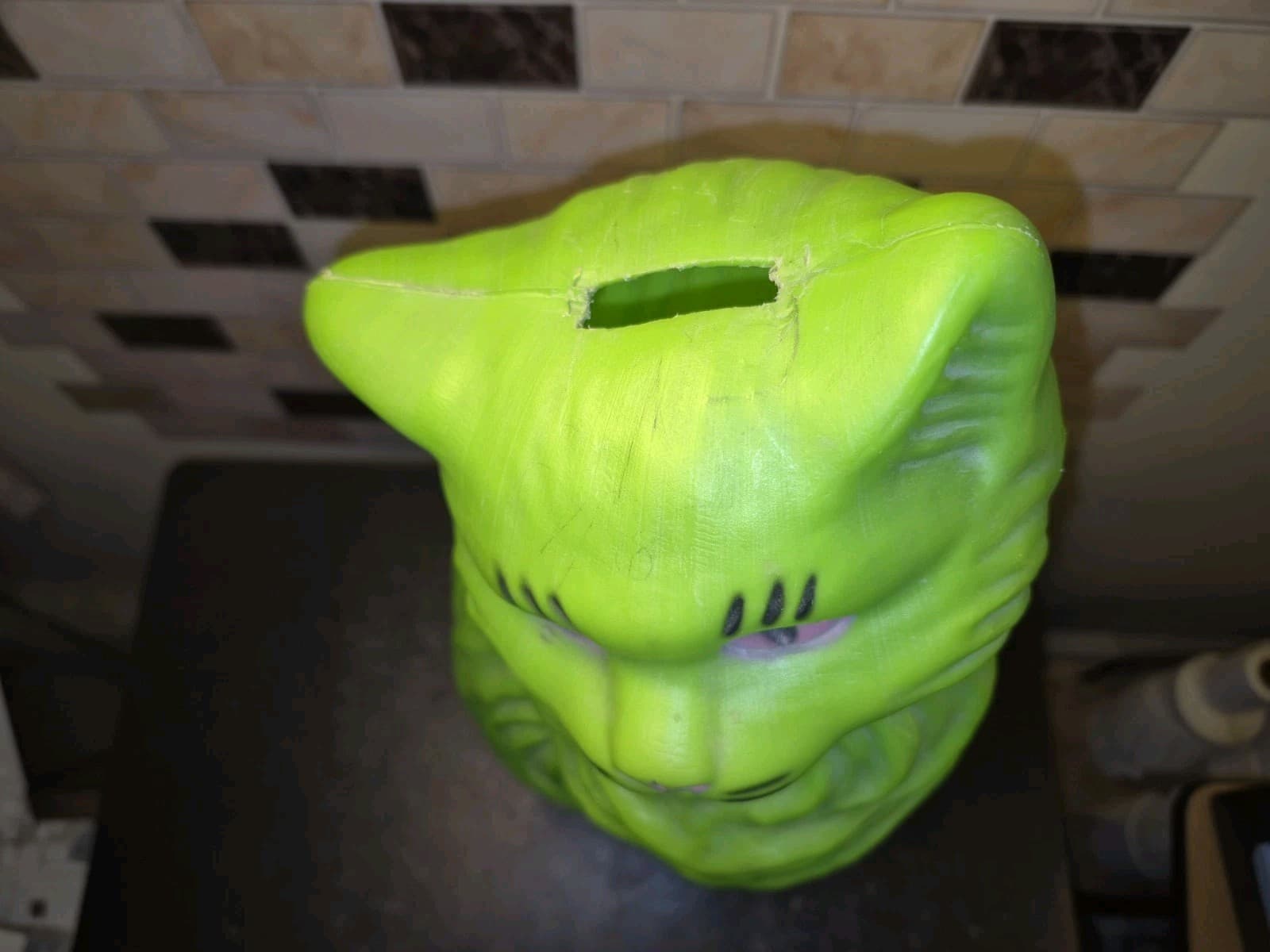 Vintage A.J. Renzi 16 Inch Cat Blow Mold Coin Money Bank Green With Pink Eyes 5