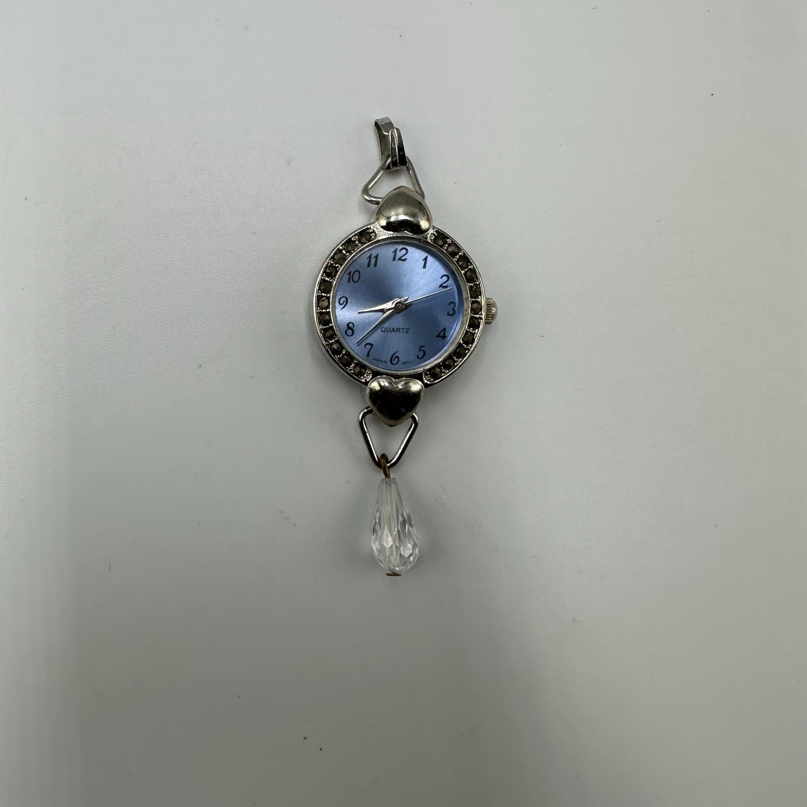 Watch Pendant Women Silver Tone Blue Dial Heart Accents Crystal Drop Works 5