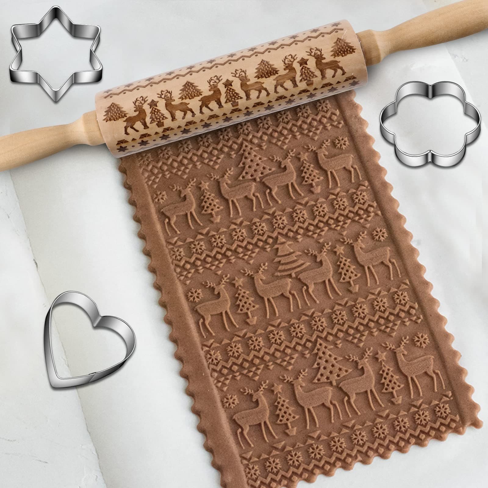 4Pack Christmas Wooden 3D Rolling Pins Embossed, Embossing Rolling Pin 5