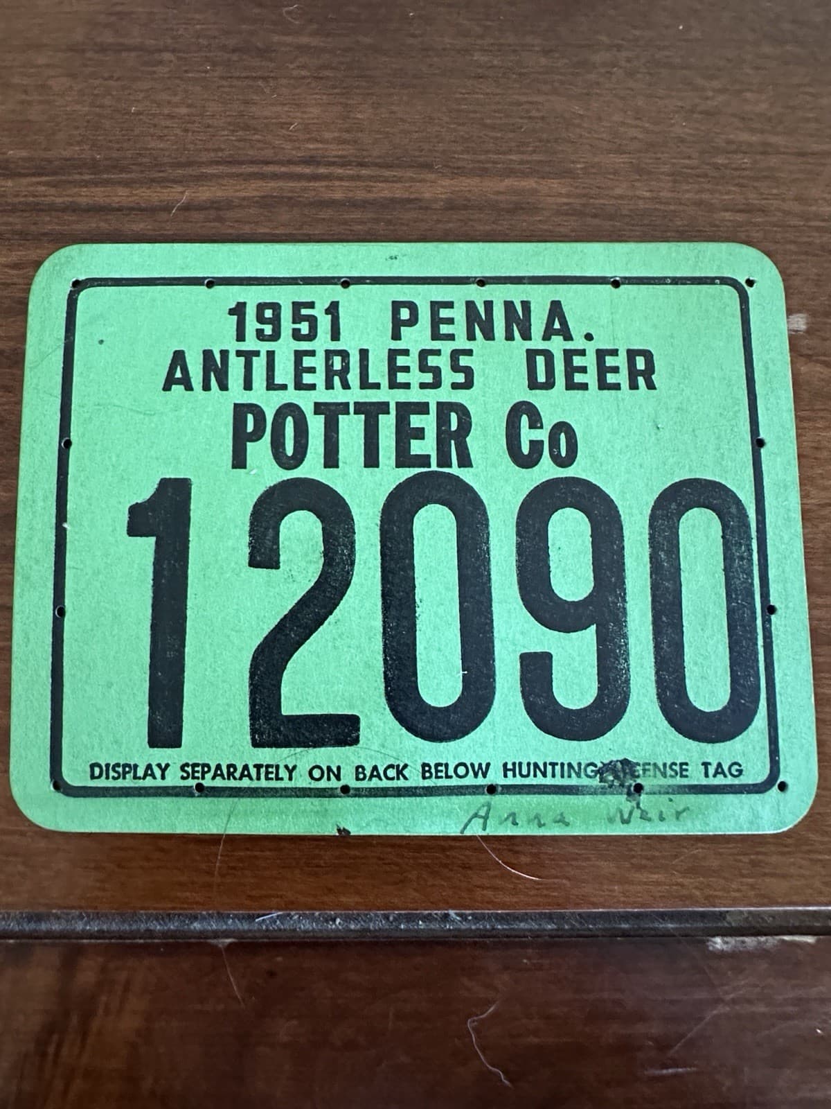 1951 Penna Pennsylvania Antlerless Deer Hunting License Tag Potter Co 12090 VTG
