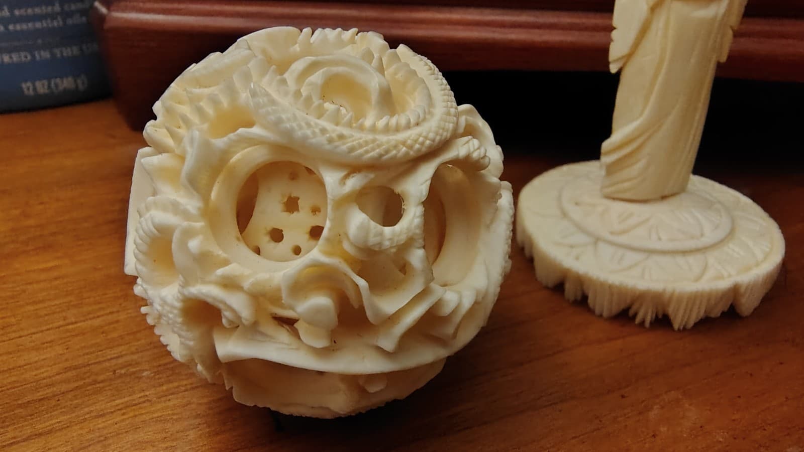 Antique hand carved Chinese Puzzle Ball w/ stand Ornately carved ball and stand 4