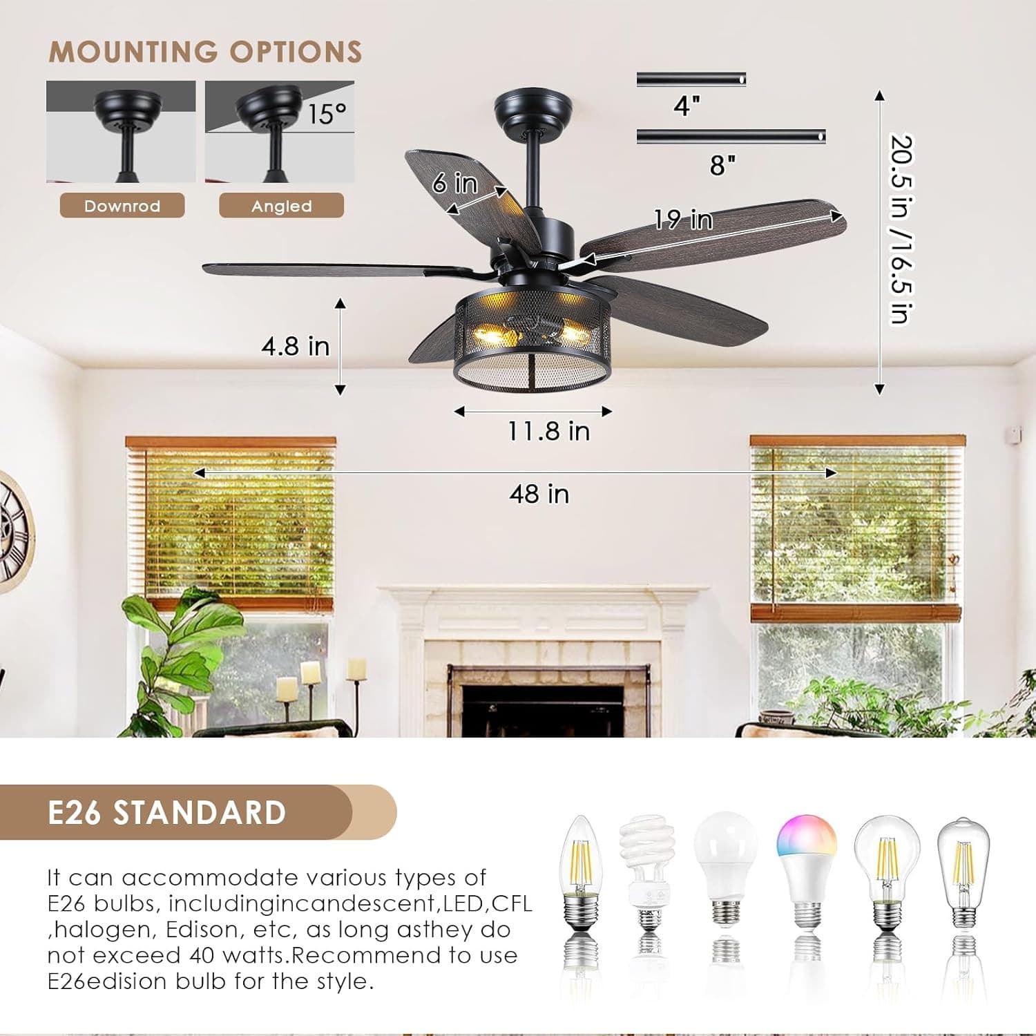 Farmhouse Ceiling Fan with Light and Remote,48" Black Industrial Caged Flush Mou 5