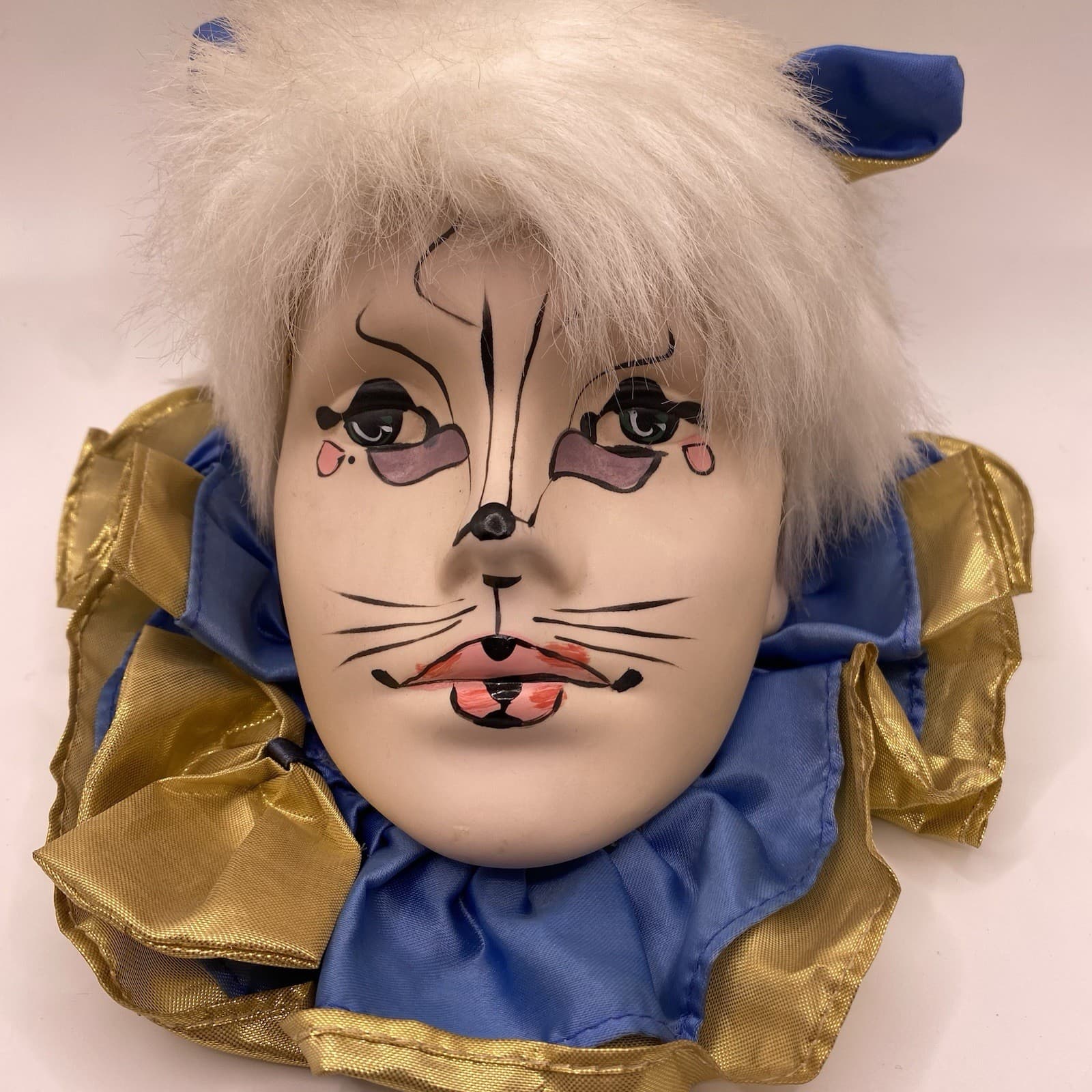 VINTAGE BRINN'S HANDPAINTED JESTER CAT MASK CERAMIC BLUE GOLD MARDI GRAS 2
