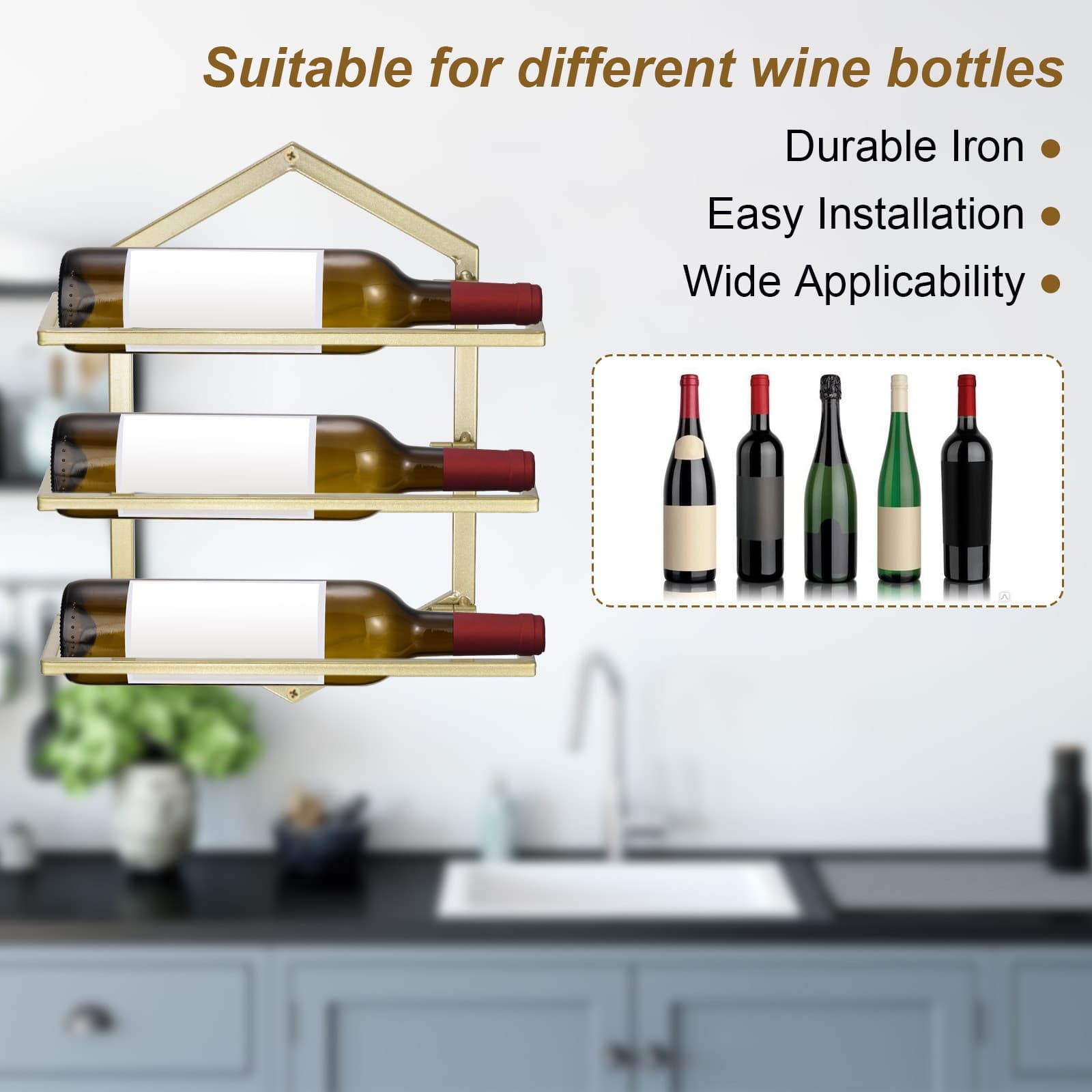 Wall Mounted Wine Rack Metal Hanging Wine Bottle Holder Holds 3 Bottles Gold 4