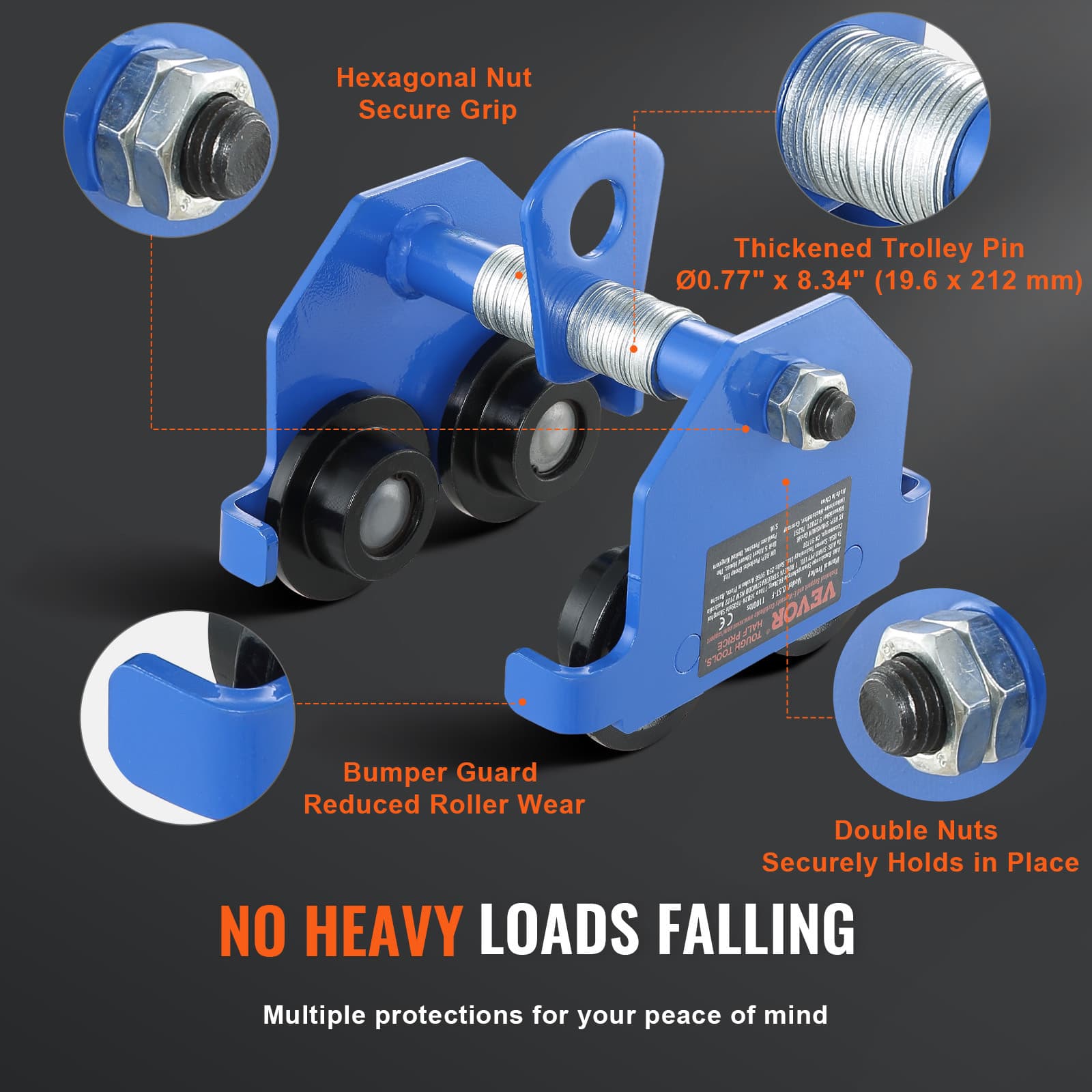 VEVOR Push Beam Trolley Manual Trolley 1100 lbs/0.5Ton Load 2.5"-5.5" Adjustable 4