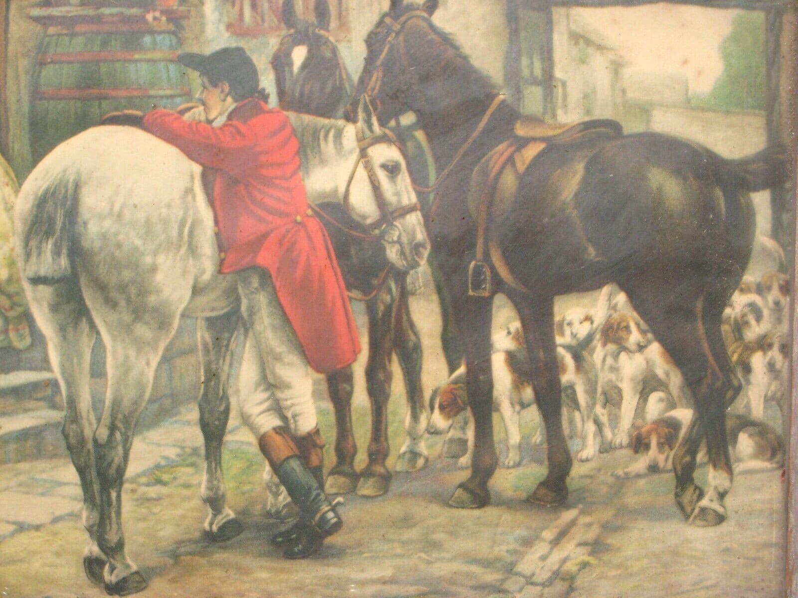 Very Old Fox Hunting Print with Thermometer Hounds Horses Dapple Grey Post Hunt 3