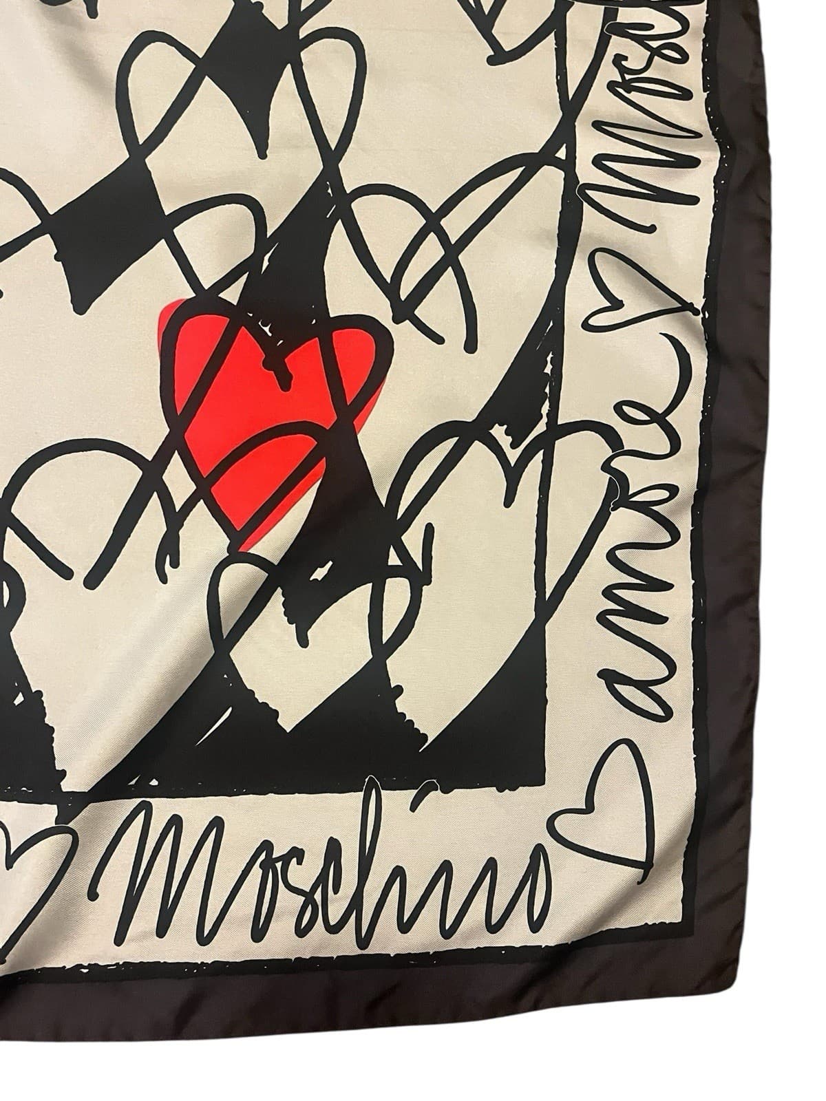 Vtg 2000’s MOSCHINO Archivio Red, Black Silver Silk Heart Scarf Size 34” x  34” 2