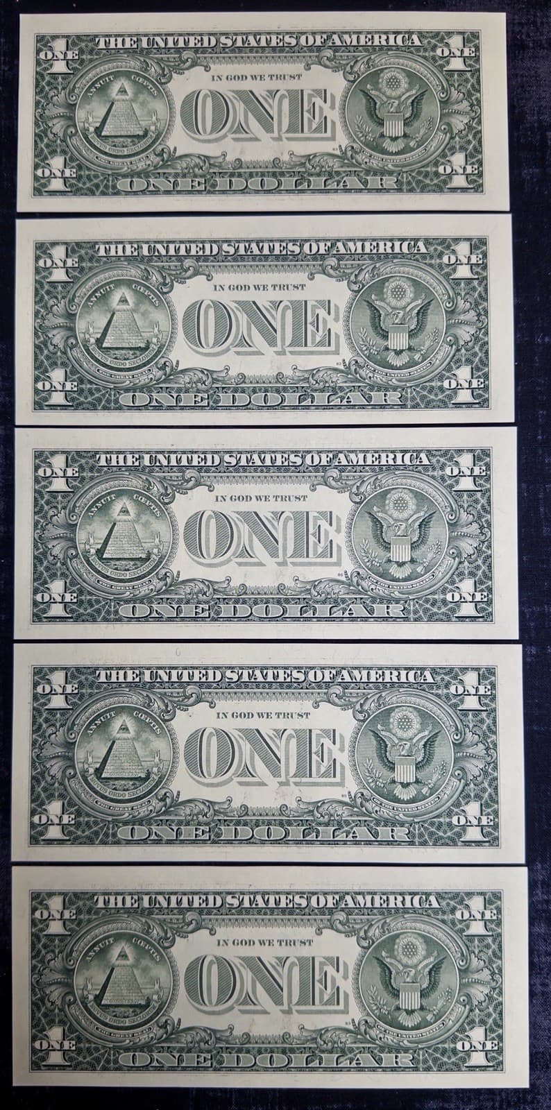 Set of 5 - 1999 $1 Federal Reserve Note LOW SERIAL Consecutive Star Uncirculated 2