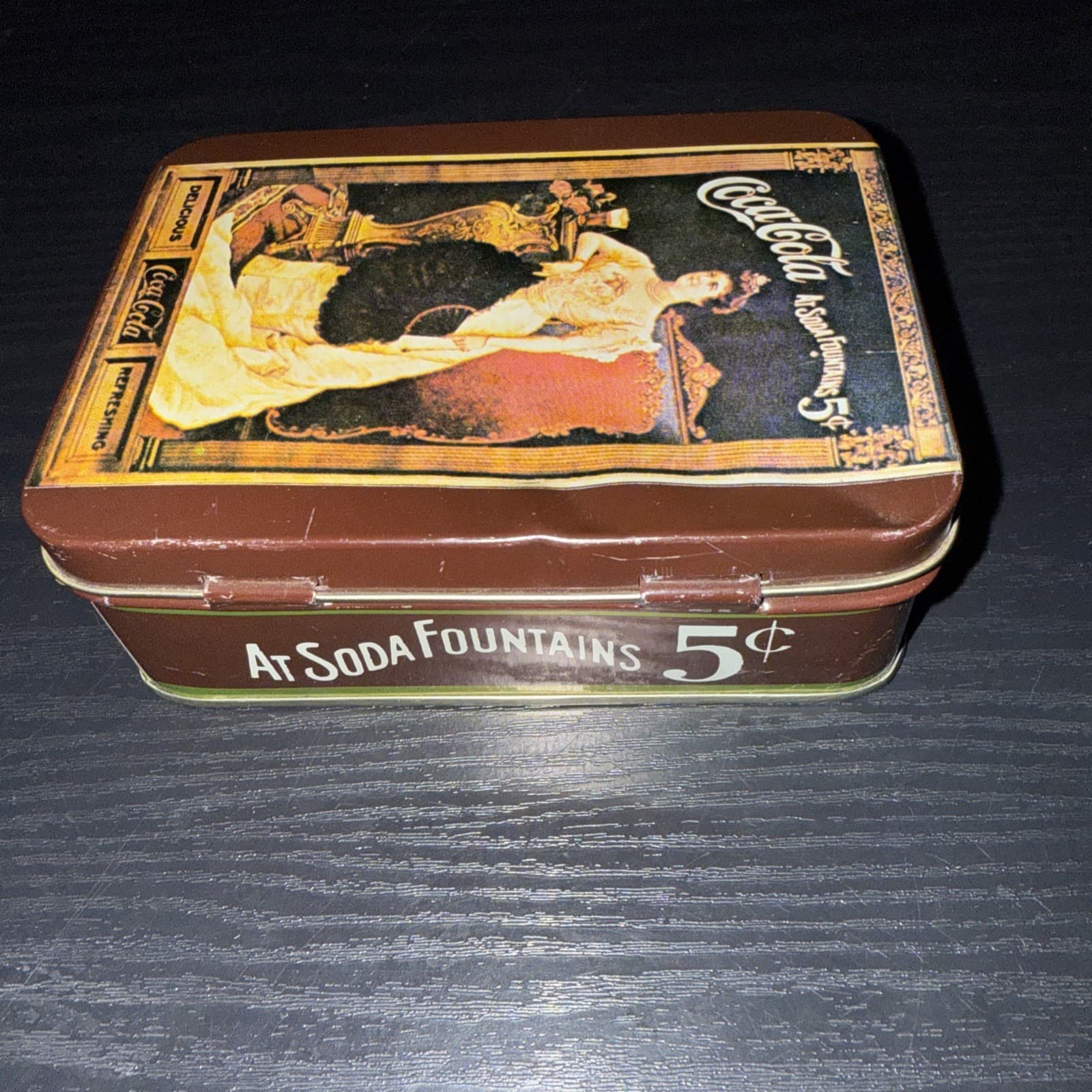 Vintage Coca-Cola “At Soda Fountains 5 Cents” Brown Tin With Hinged Lid 4