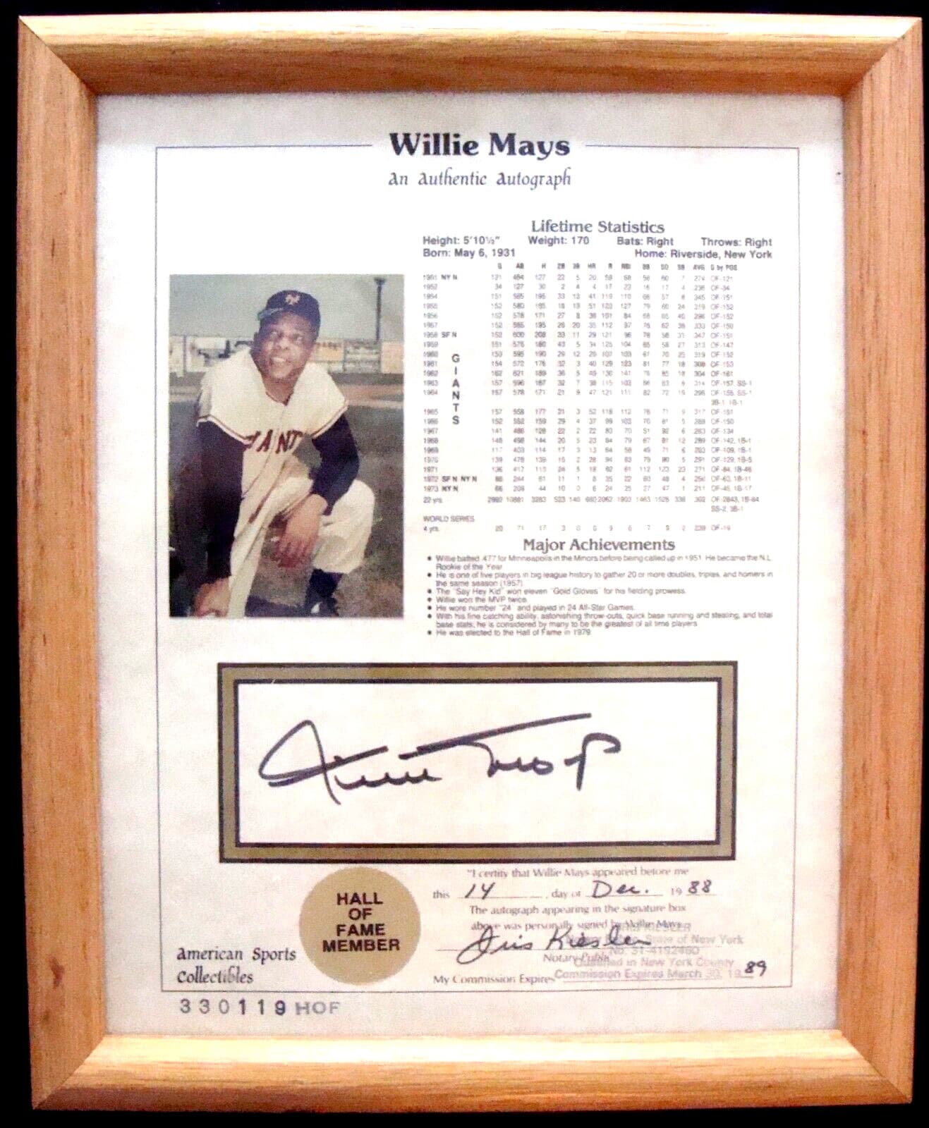 1988 WILLIE MAYS AMERICAN SPORTS COLLECTIBLES AUTOGRAPHED & FRAMED CAREER STATS 2