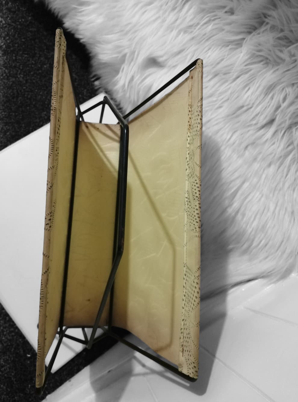 1960's Cream Magazine Rack Tooled Leather Red Atomic Feet Black Metal 3