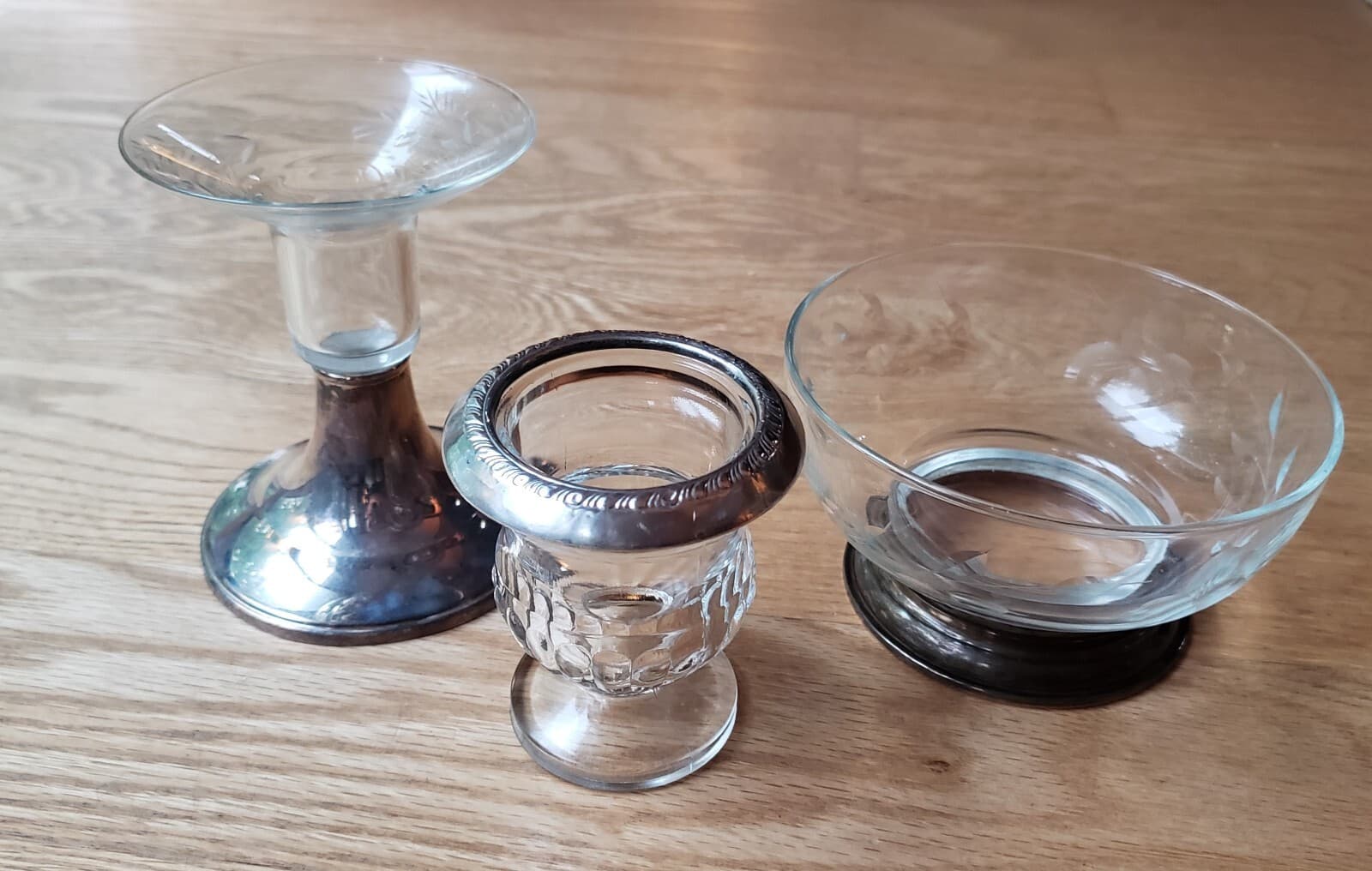 Lot Of 3 Sterling Silver & Crystal Candle Holder, Candy Dish, Toothpick Holder