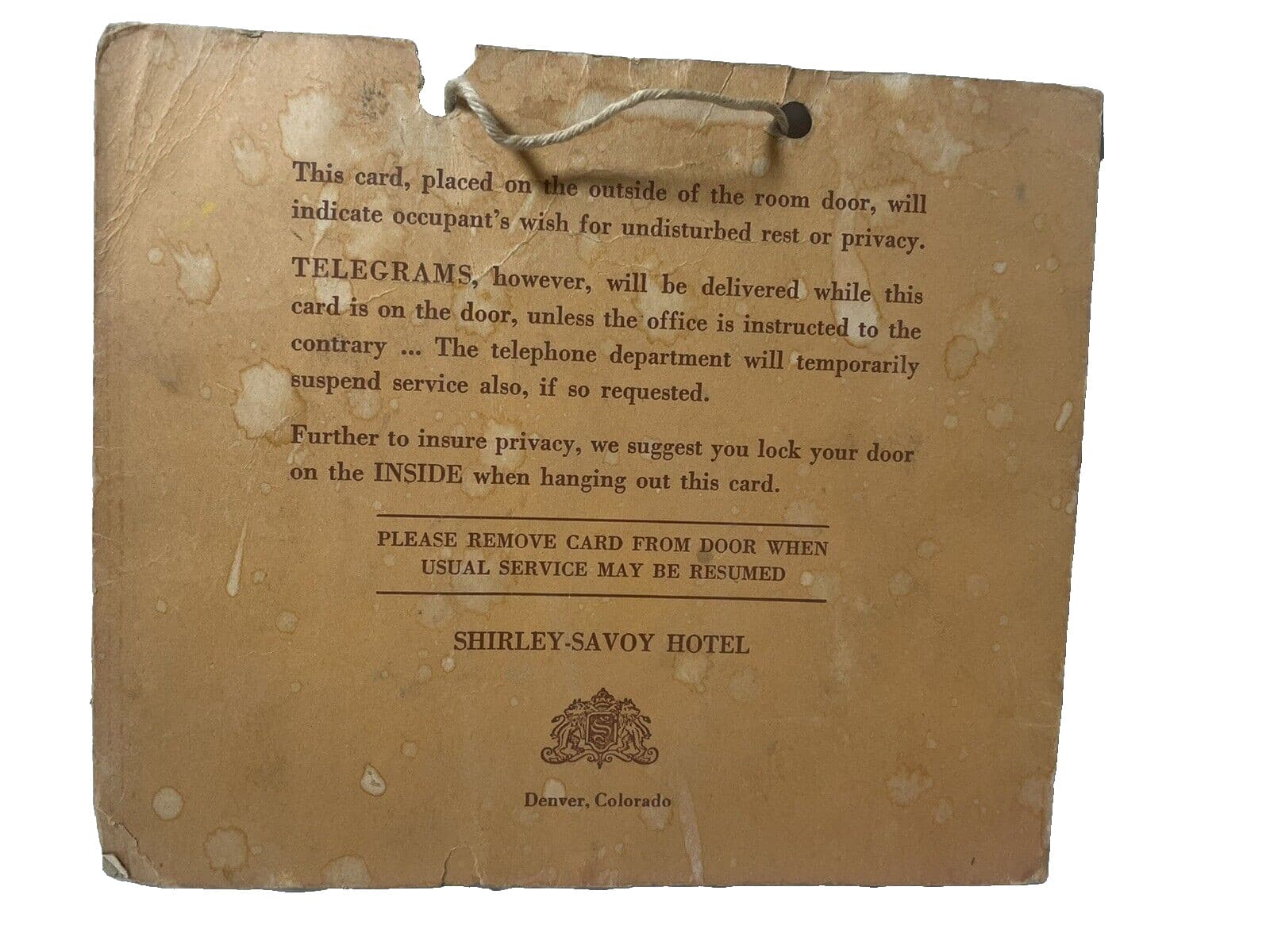 Shirley Savoy Hotel Do Not Disturb Original Sign Long Rifle Coon Hat Denver CO 2
