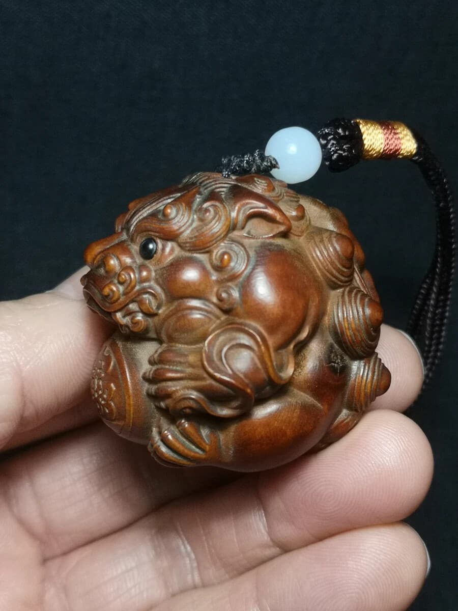 1919 Collectable Japanese Boxwood Hand Carved Lion Figure Statue Netsuke Gift 3