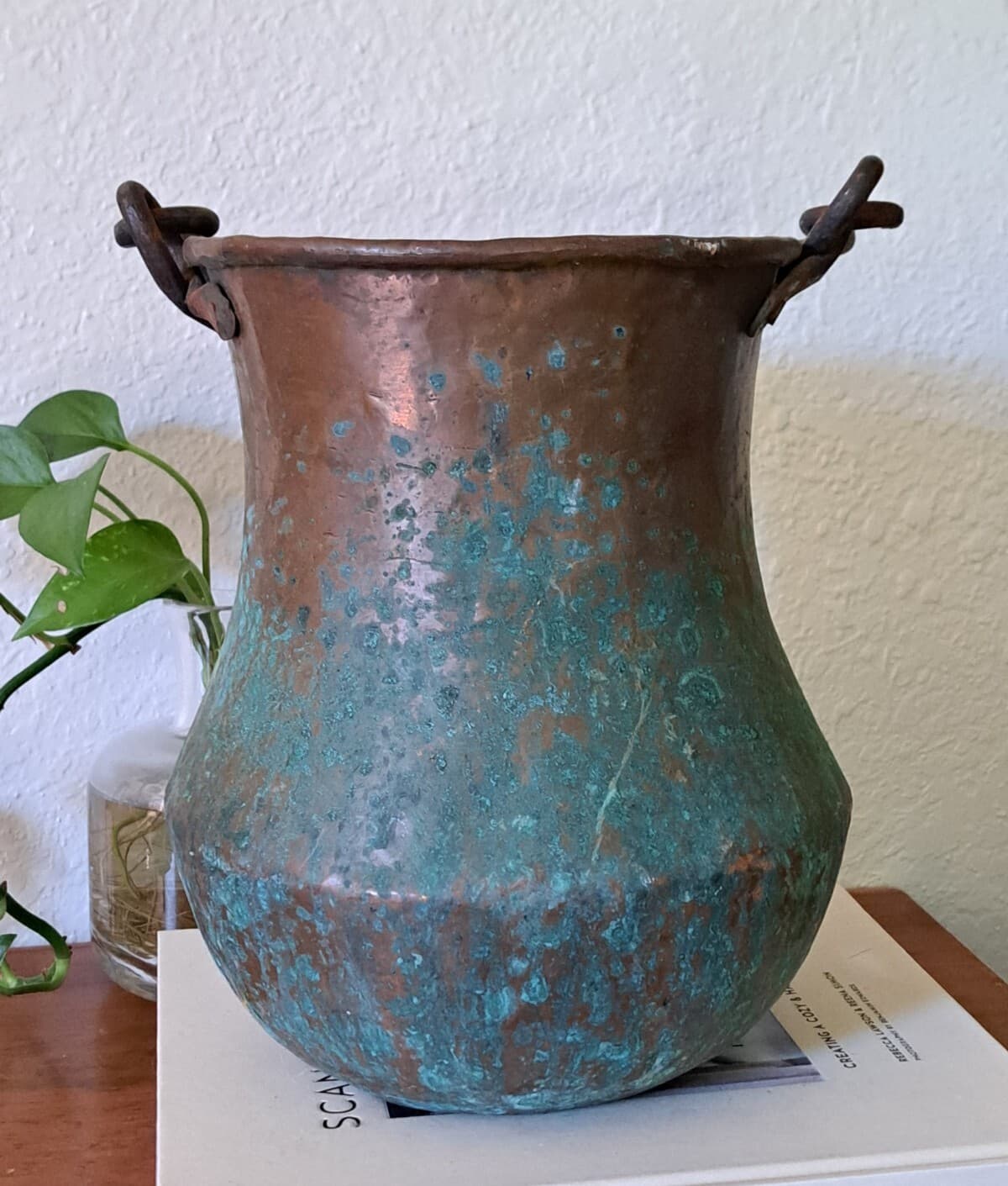 Antique Primitive Hammered Copper Hanging Pot Large Patina RARE 10" 4