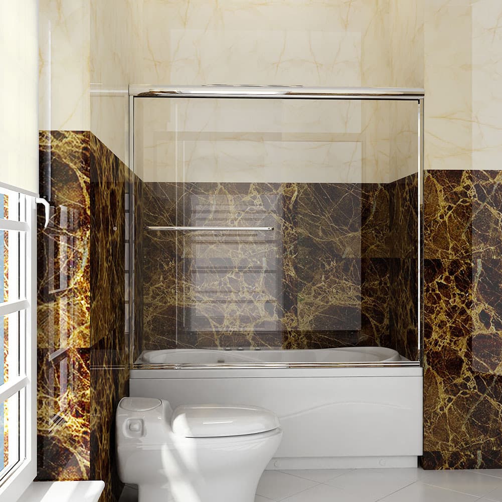 SUNNY 60"W x 57H" Semi-Frameless Sliding Tub Shower Door Tempered Glass, Chrome 3