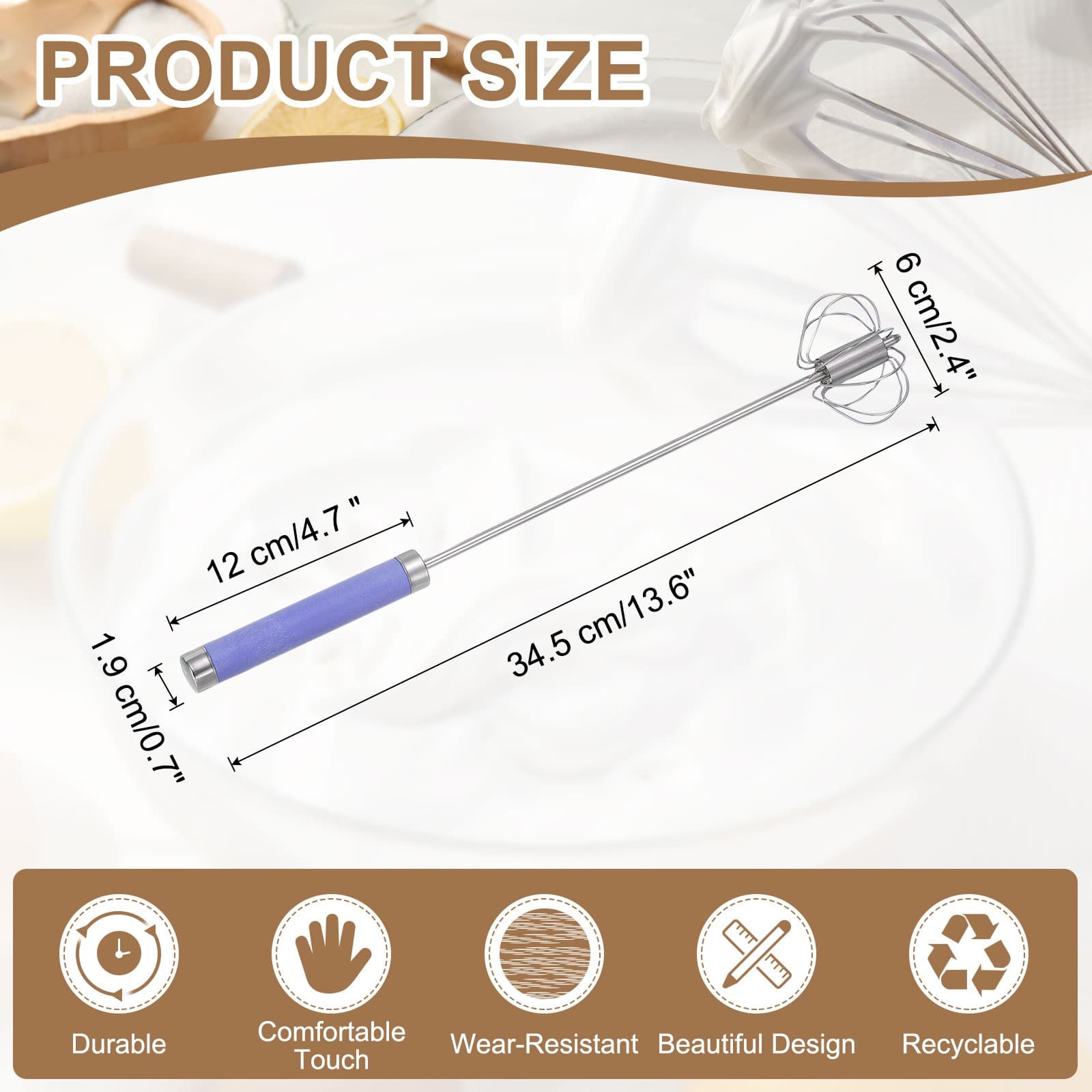 Stainless Steel Whisk, 13.6 Inch Semi-Automatic Whisking Tool, Blue 2