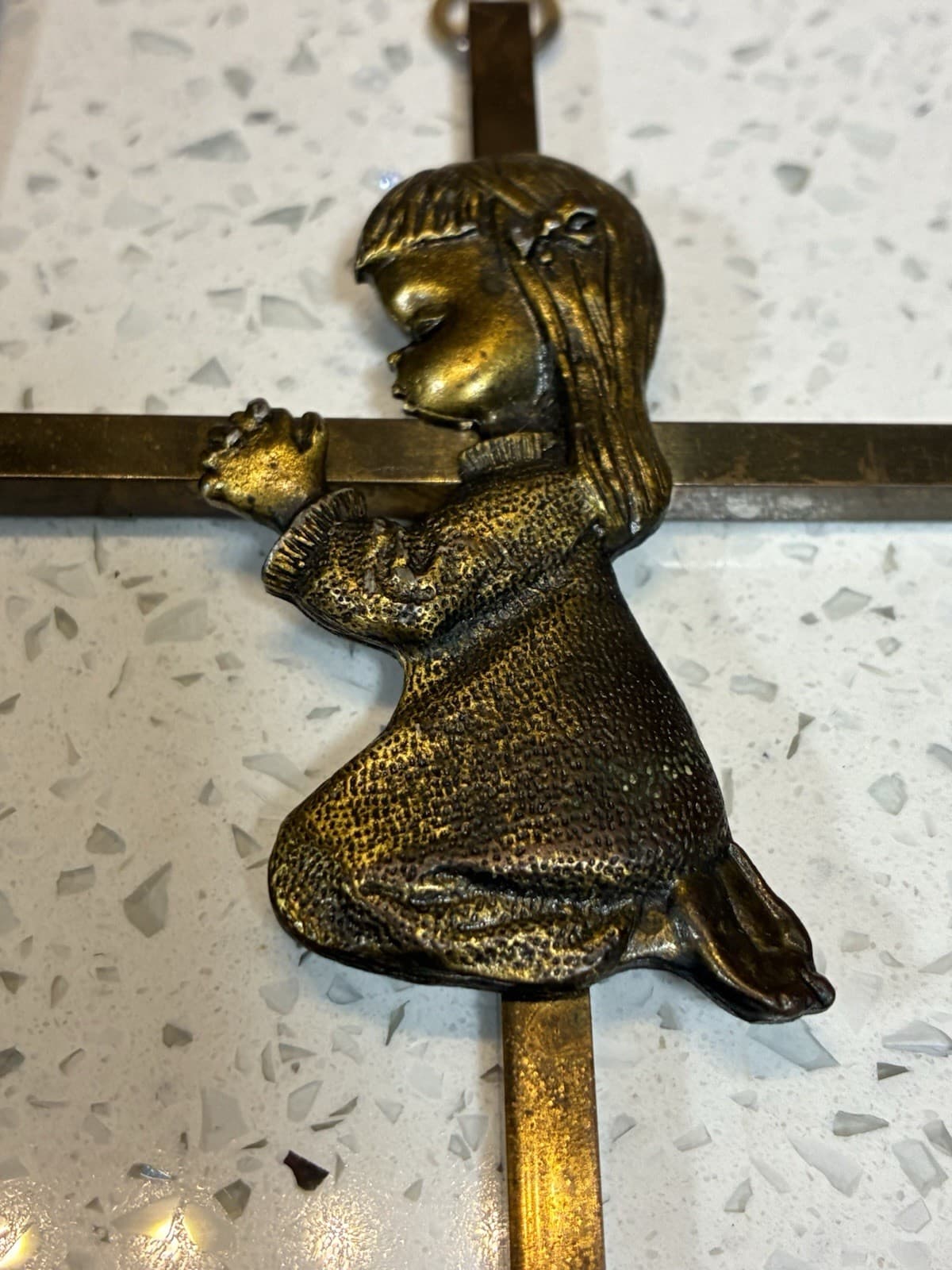 VINTAGE BRASS CROSS 6" GIRL CATHOLIC PRAYING -PREOWNED WE SHIP FAST 3