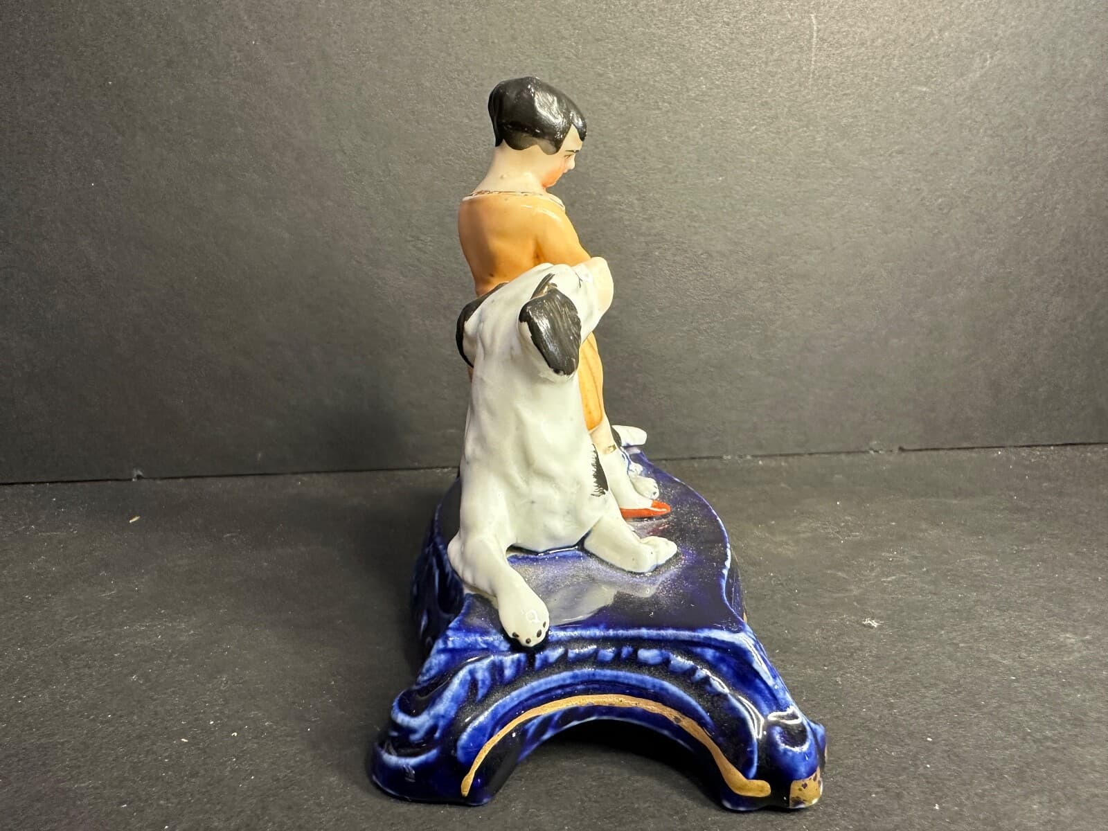 Antique Staffordshire Dog & Child & Bird, Cobalt Base, Black & White Spaniel 4