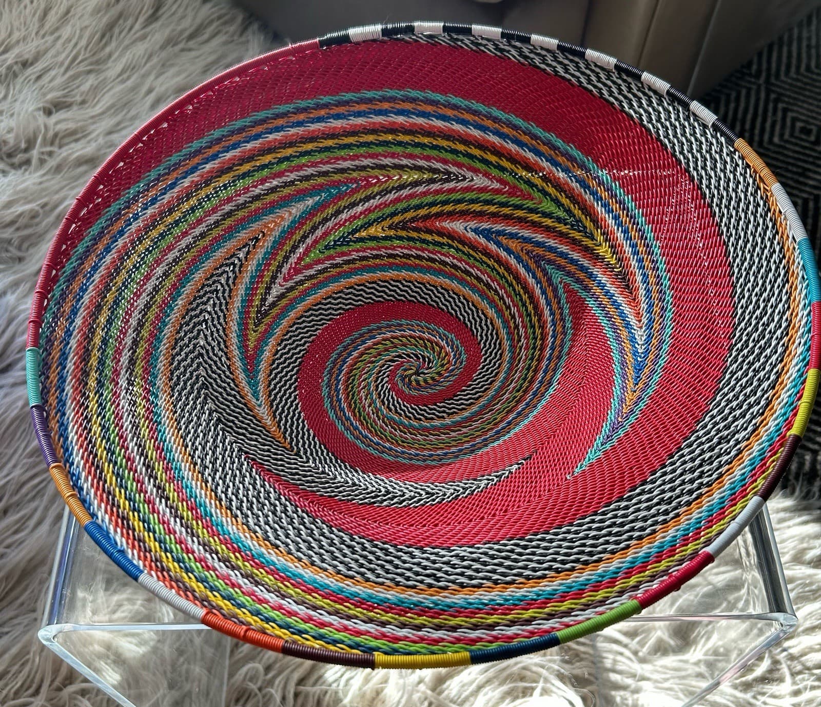 South African Zulu Woven Telephone Wire Basket 12 Color Spiral Design, 14.5 inch 3