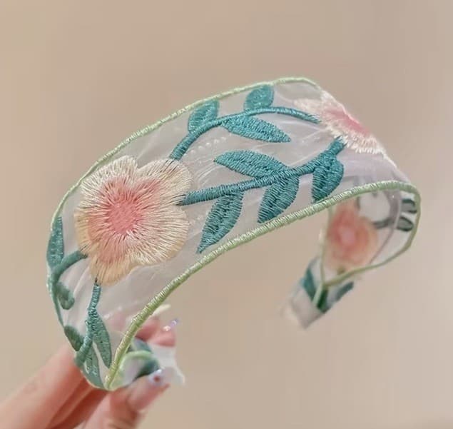 Vintage Retro Green And Yellow Floral Embroidered Lace Fabric Hair Band Headband 2