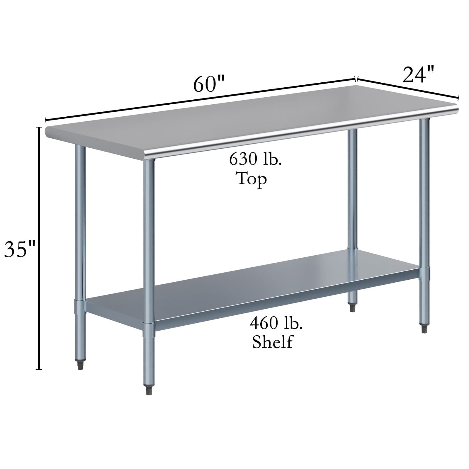 Jefferson 24 in. x 60 in. Stainless Steel Table With Shelf. NSF 3