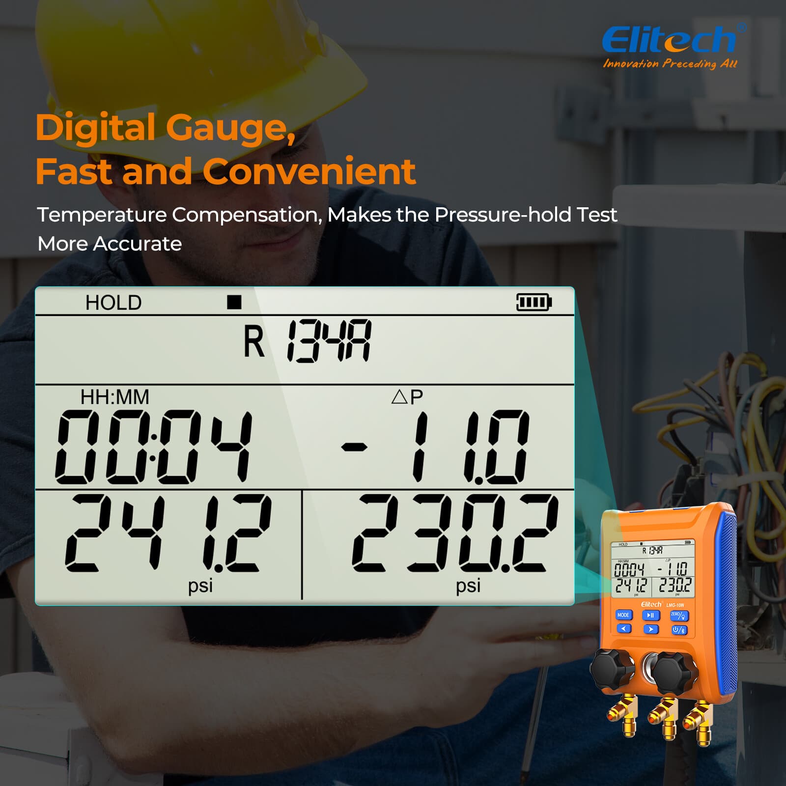 Elitech Digital Manifold Gauge 2-Way Valve AC Gauge LMG-10W App Control w/Hoses 3