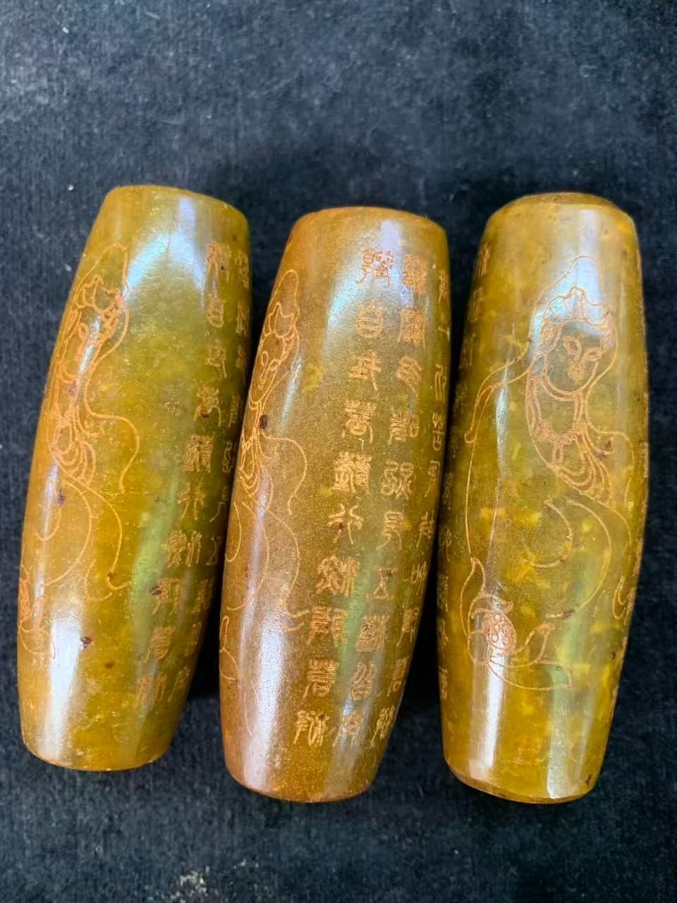 3Pcs Large Chinese Old Jade Hand Carved *Buddhist Scriptures/KwanYin* Cong Beads