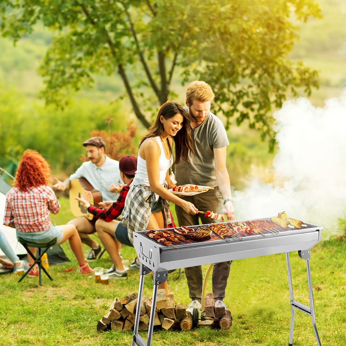 Folding Barbecue Grill Stainless Steel BBQ Charcoal Grill Smoker Hiking Picnics 5