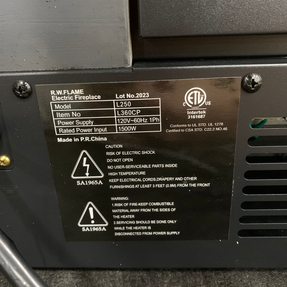 COWSAR L250 Electric Fireplace Log Heater 120V 60Hz Phase 1, 1500W L360CP* 5